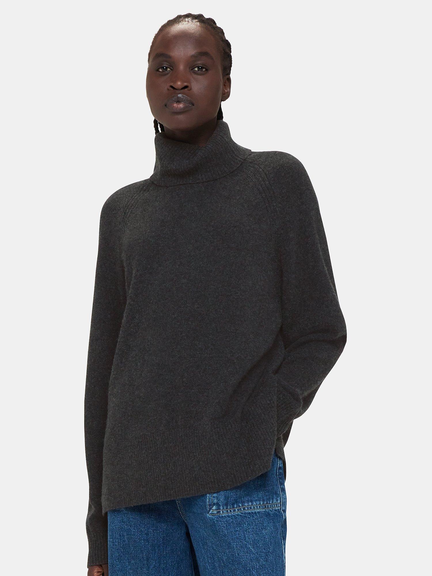 Product image 3 of 5, which shows Whistles Cashmere Raglan Sleeve Roll Neck Jumper, Dark Grey, XS