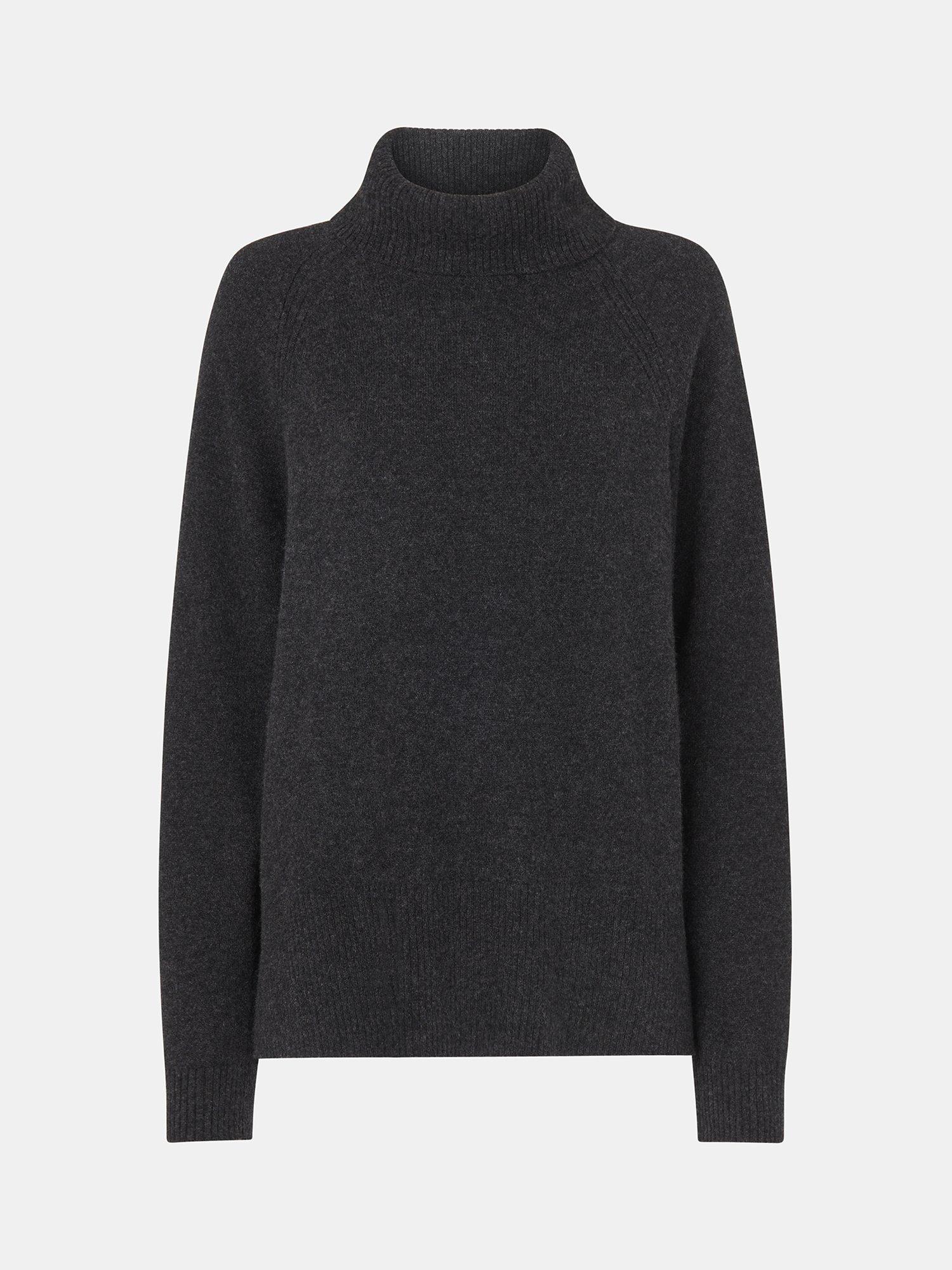 Product image 5 of 5, which shows Whistles Cashmere Raglan Sleeve Roll Neck Jumper, Dark Grey, XS