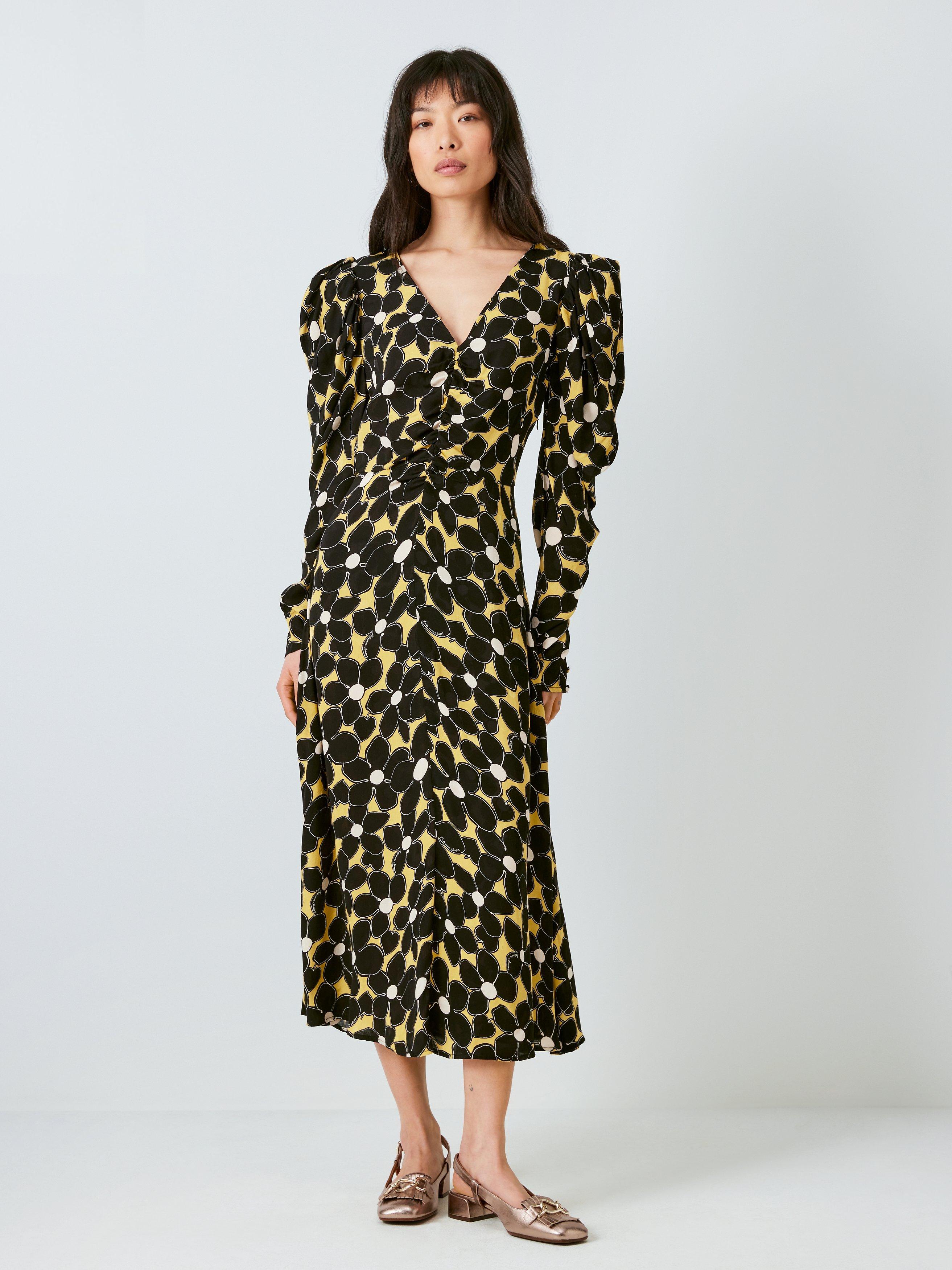 Fabienne Chapot Vera Floral Print Ruched Midi Dress, Dijon Yellow/Black