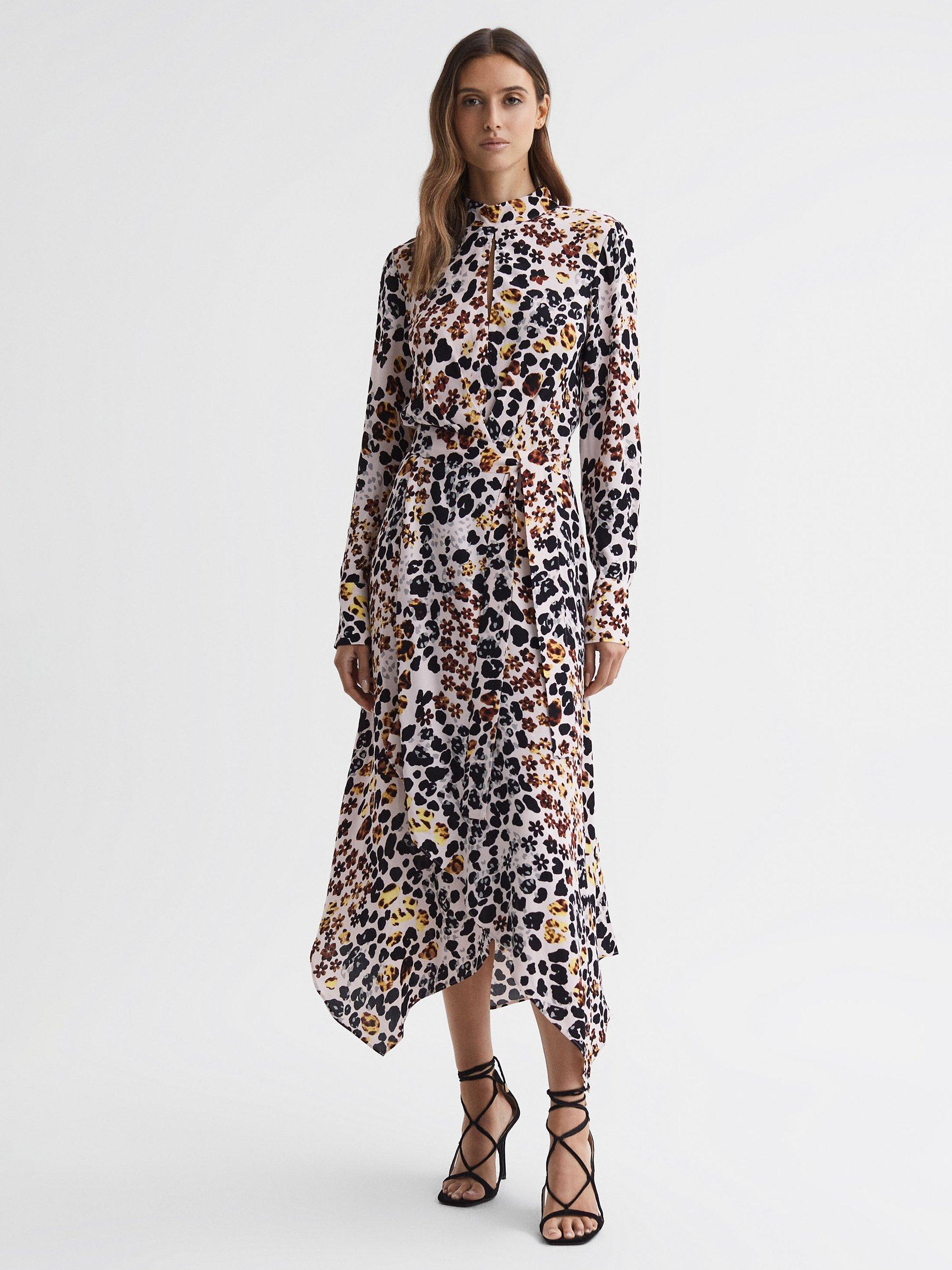 Reiss Lira Animal Floral Belted Midi Dress Nude Multi
