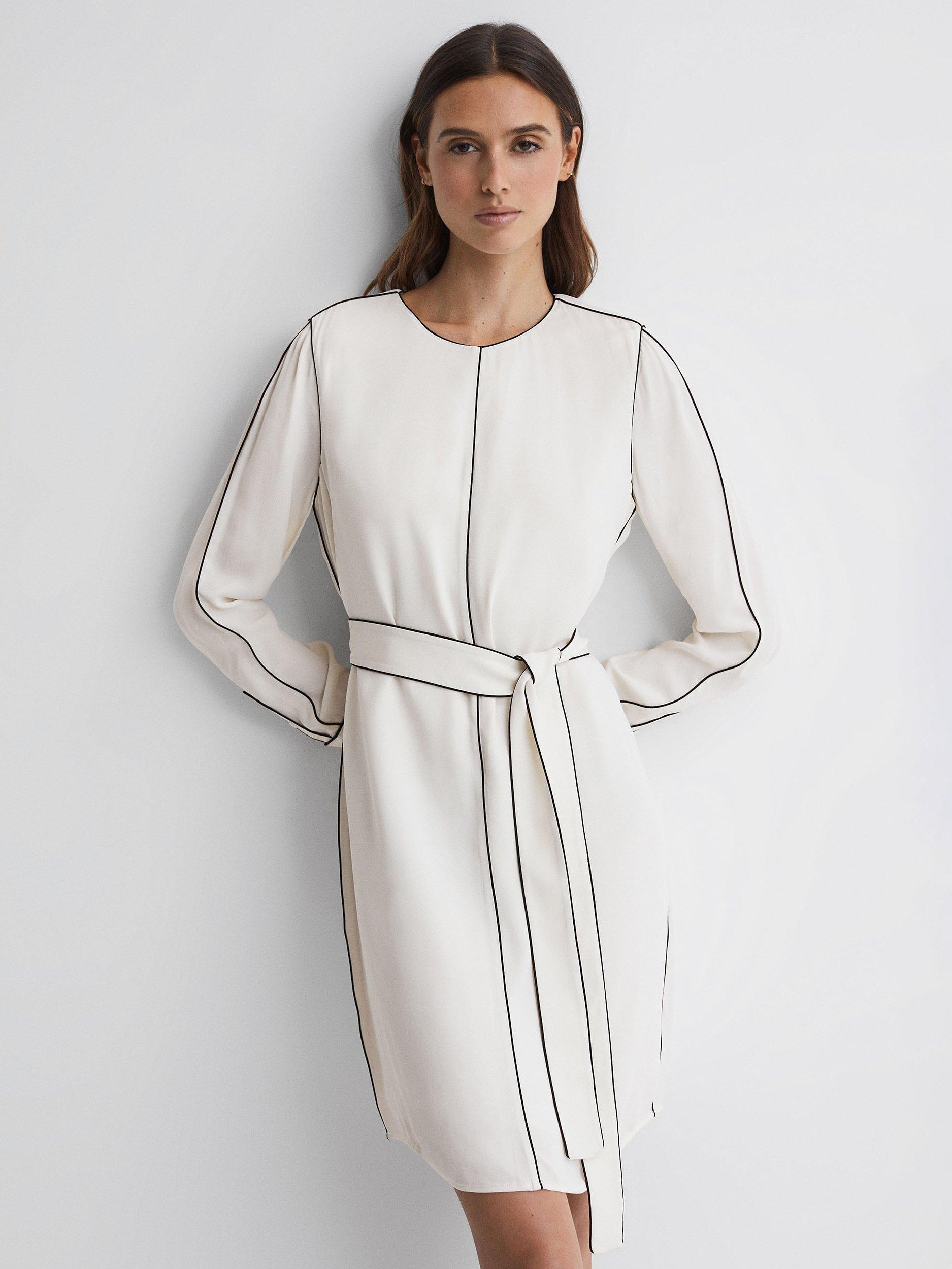 Reiss Elainy Piping Detail Belted Dress, Cream/Black