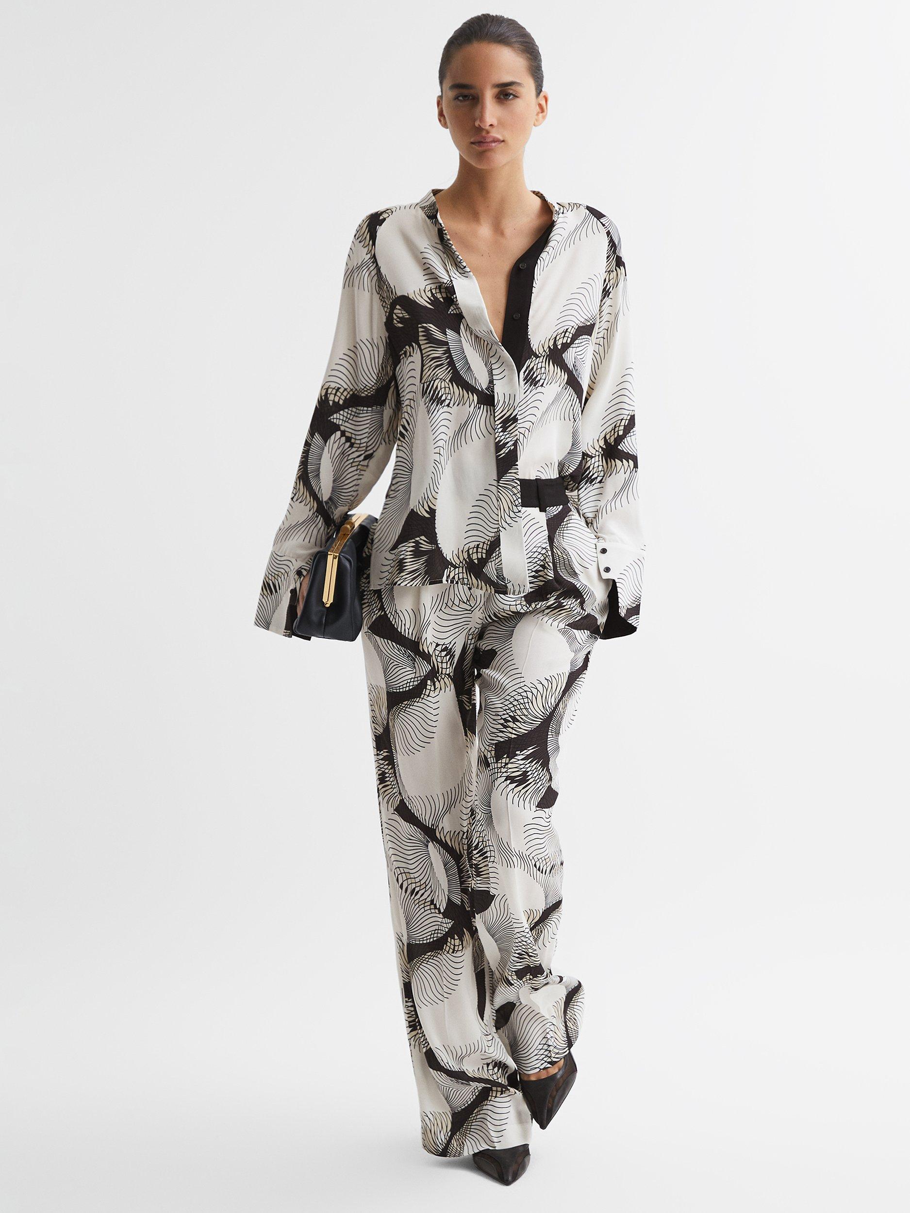 Reiss Becci Abstract Print Flowy Trousers, Black/White