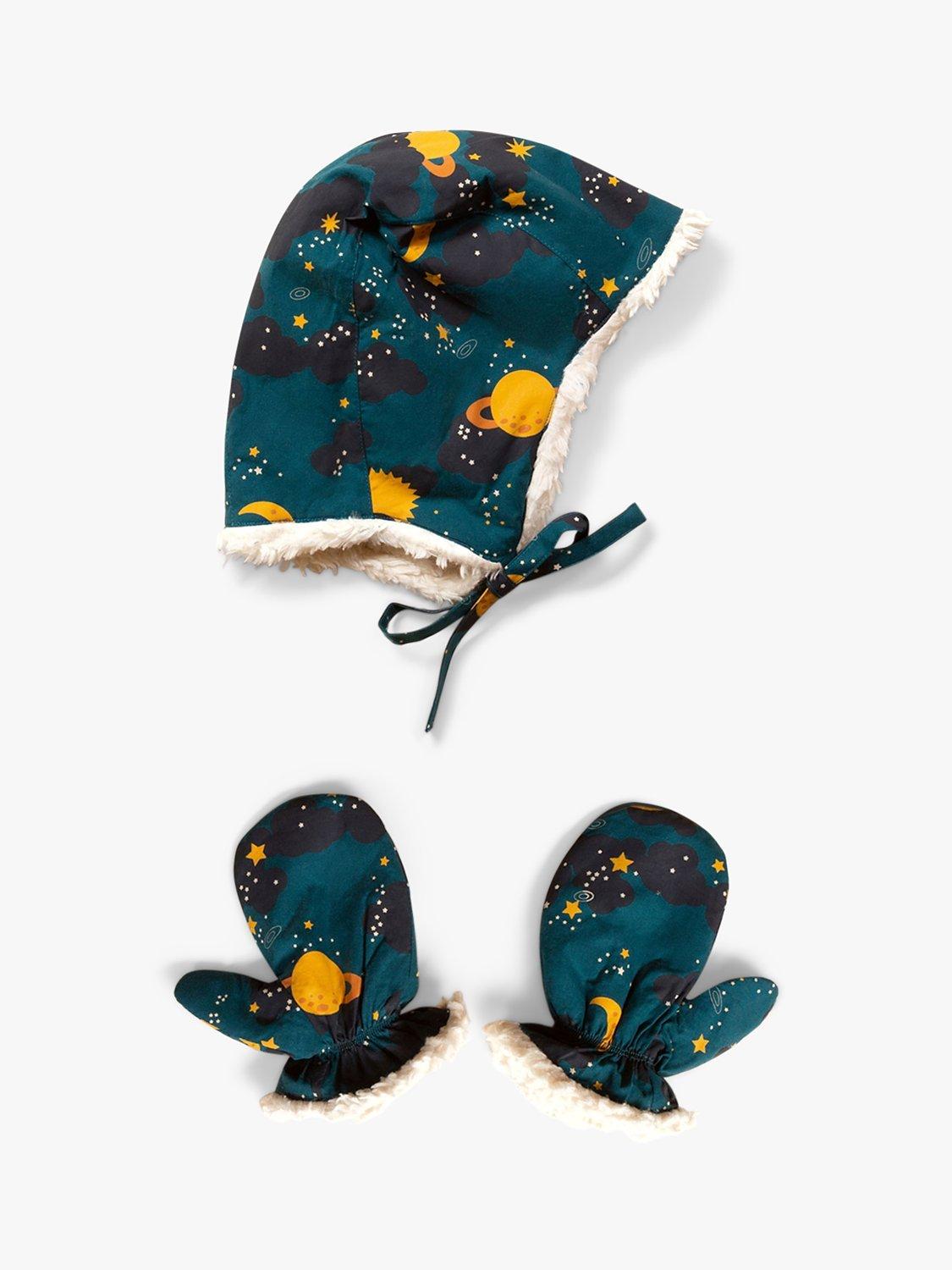 Little Green Radicals Baby Organic Cotton Saturn Hat & Mittens Set, Deep Teal