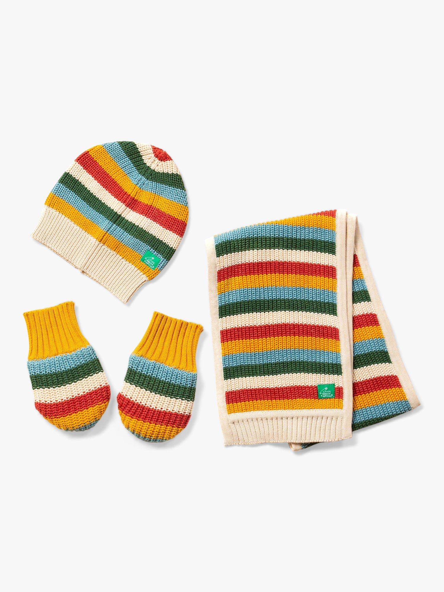 Little Green Radicals Kids' Rainbow Stripe Knitted Beanie, Scarf & Mittens Set, Multi