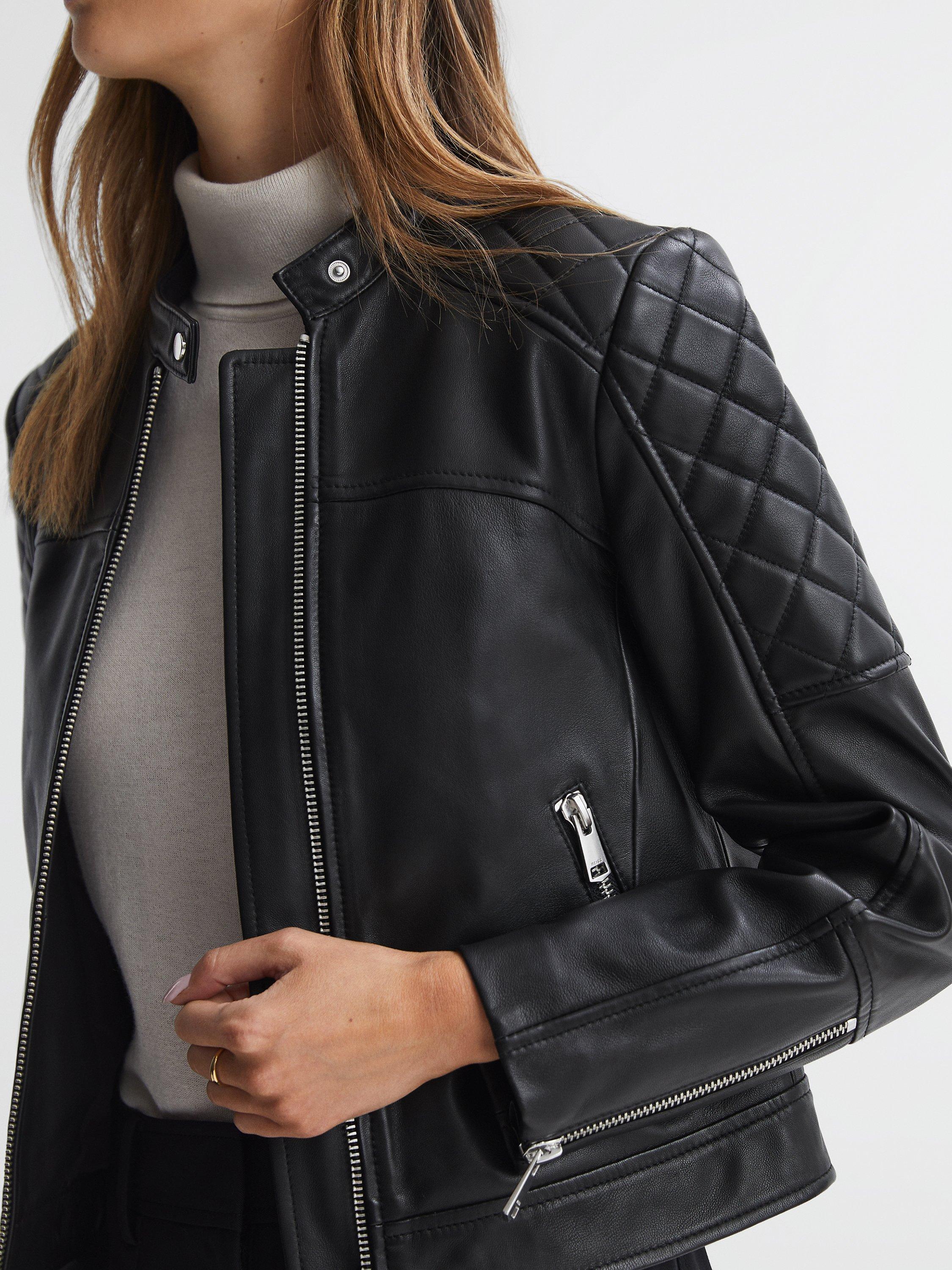 Reiss Adelaide Collarless Quilted Leather Jacket, Black
