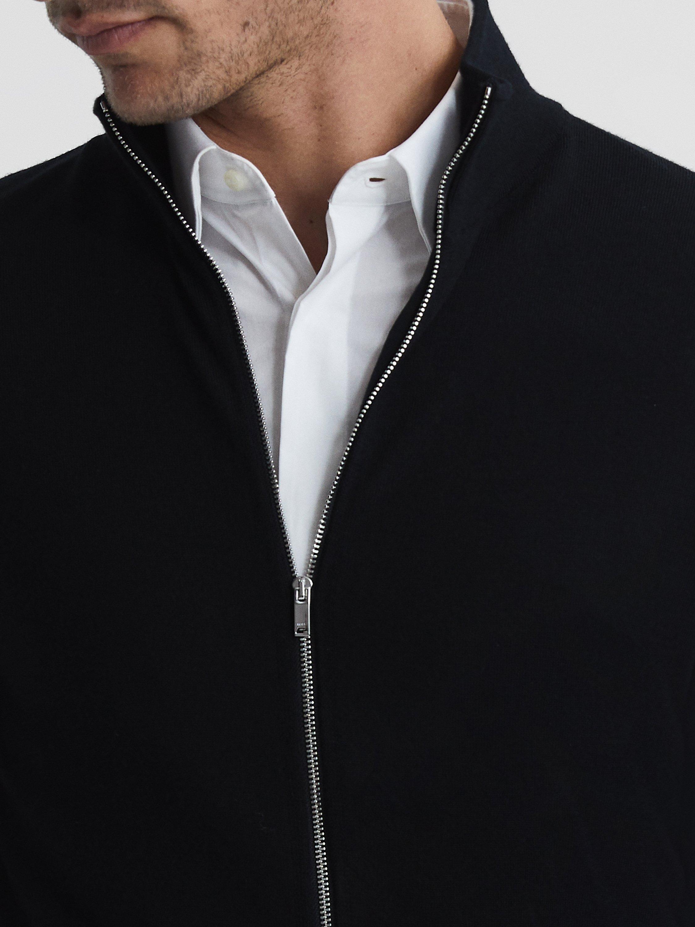Product image 5 of 5, which shows Reiss Hampshire Long Sleeve Merino Zip Jacket, Black, XS