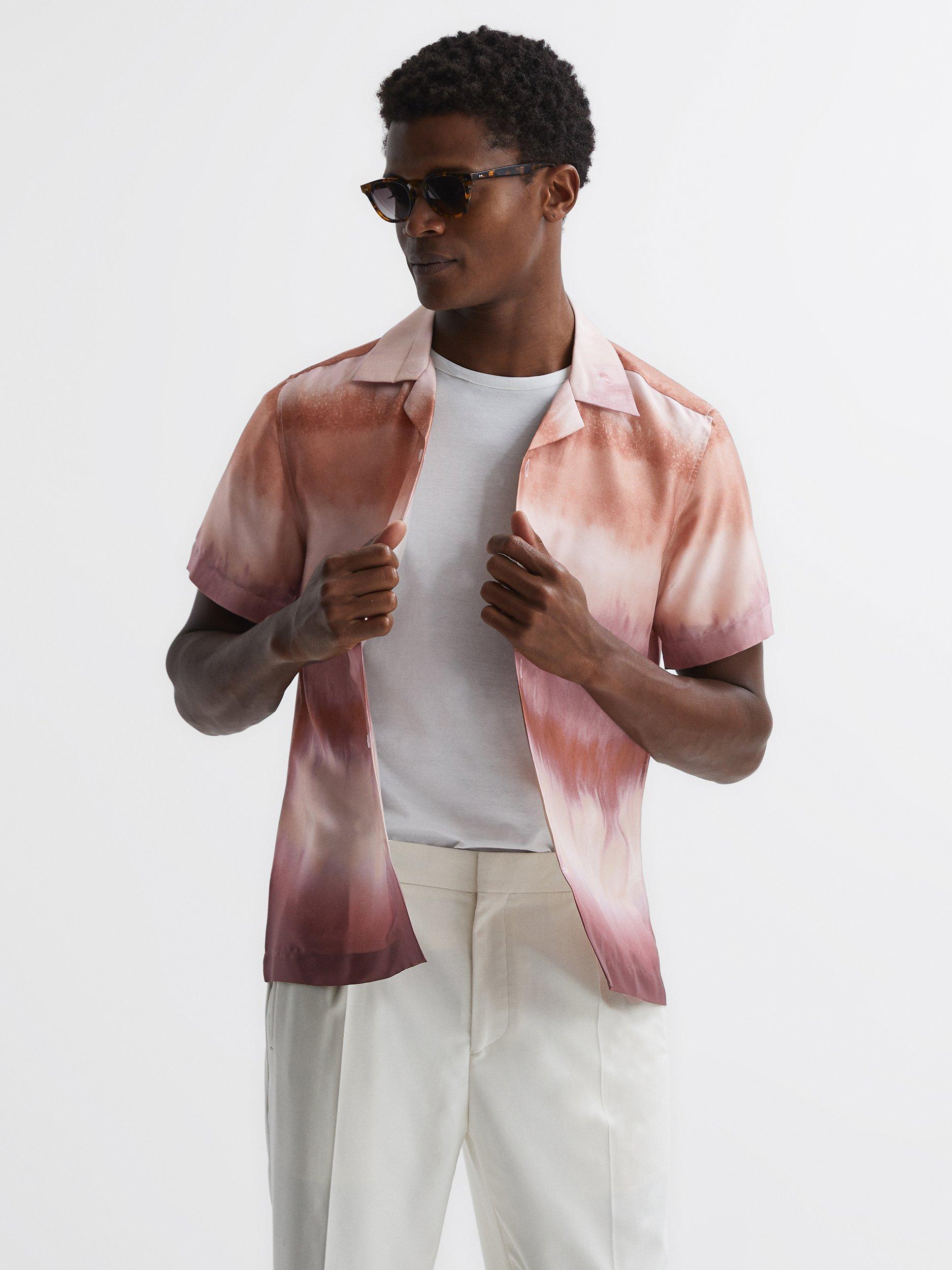 Reiss Short Sleeve Ombre Cuban Shirt, Brown/Multi