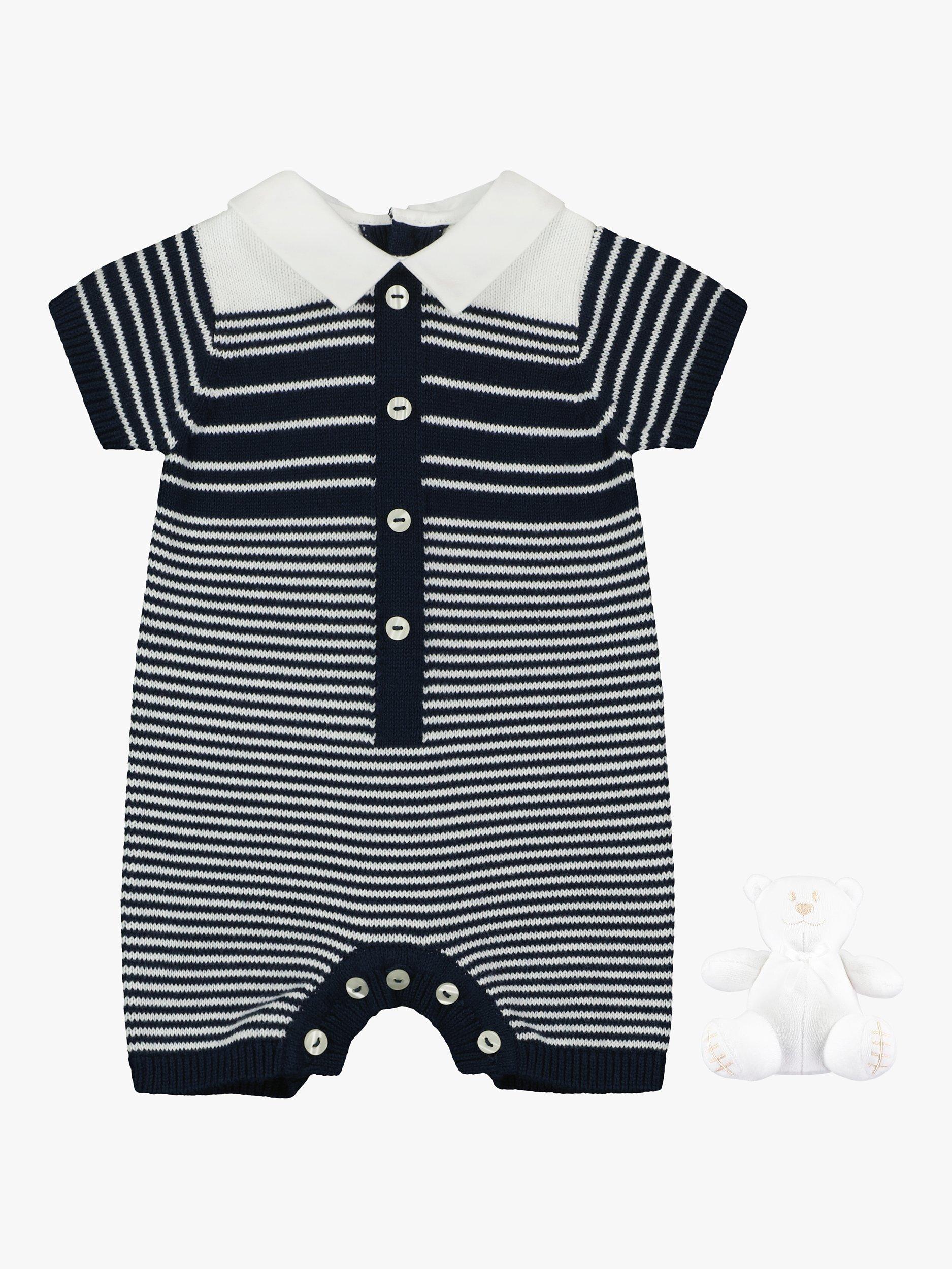 Product image 2 of 5, which shows Emile et Rose Baby Fabian Knitted Stripe Romper, Navy, 1 months