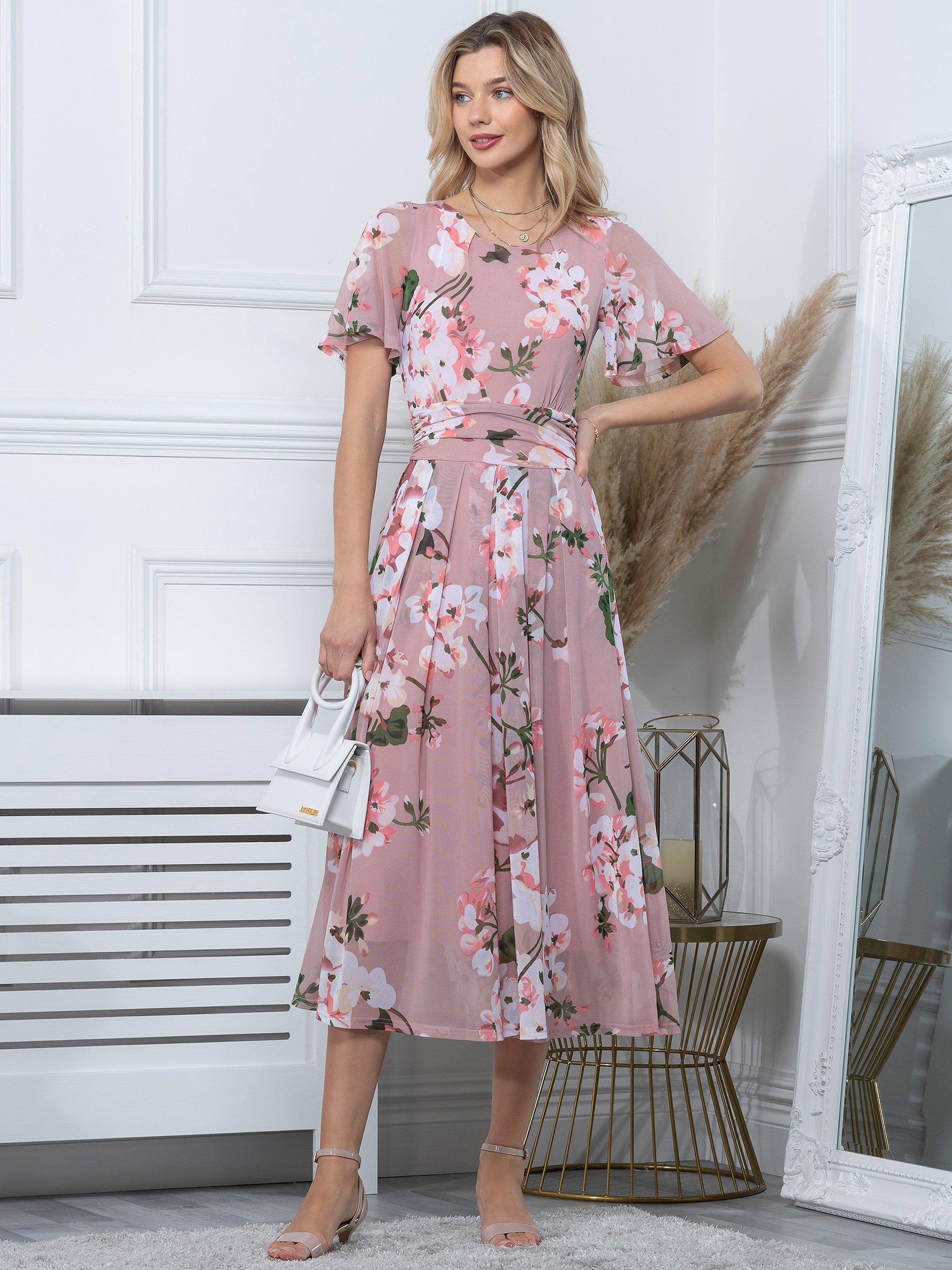 Jolie Moi Julita Floral Mesh Midi Dress, Pink/Multi
