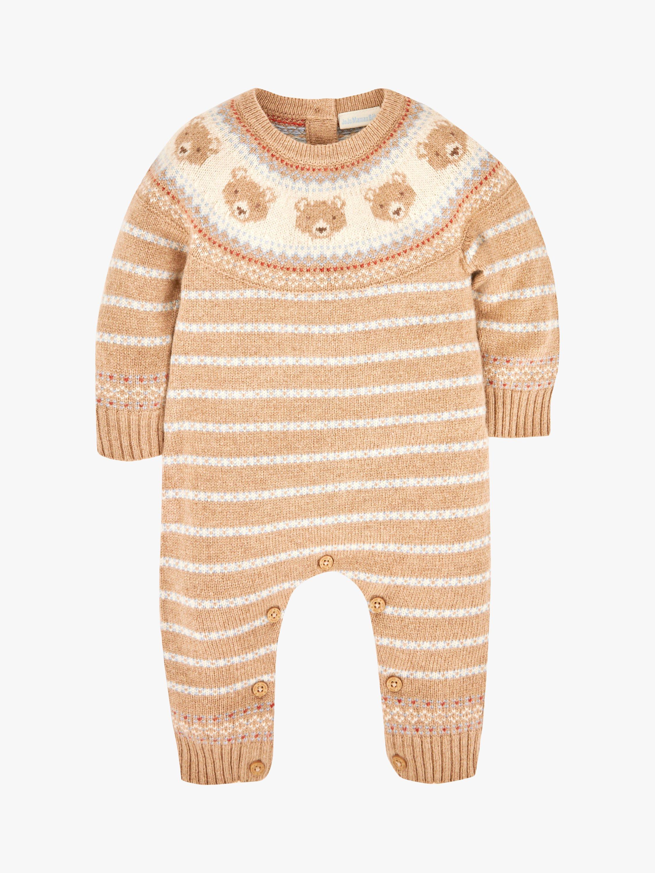JoJo Maman Bébé Baby Wool Blend Bear Romper, Natural Stone