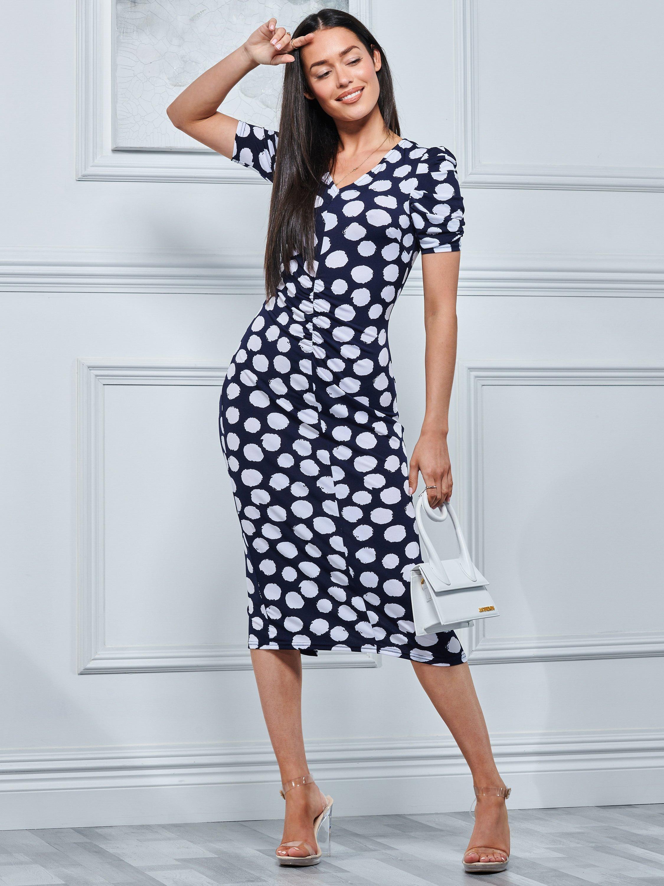 Jolie Moi V-Neck Bodycon Spot Midi Dress, Navy