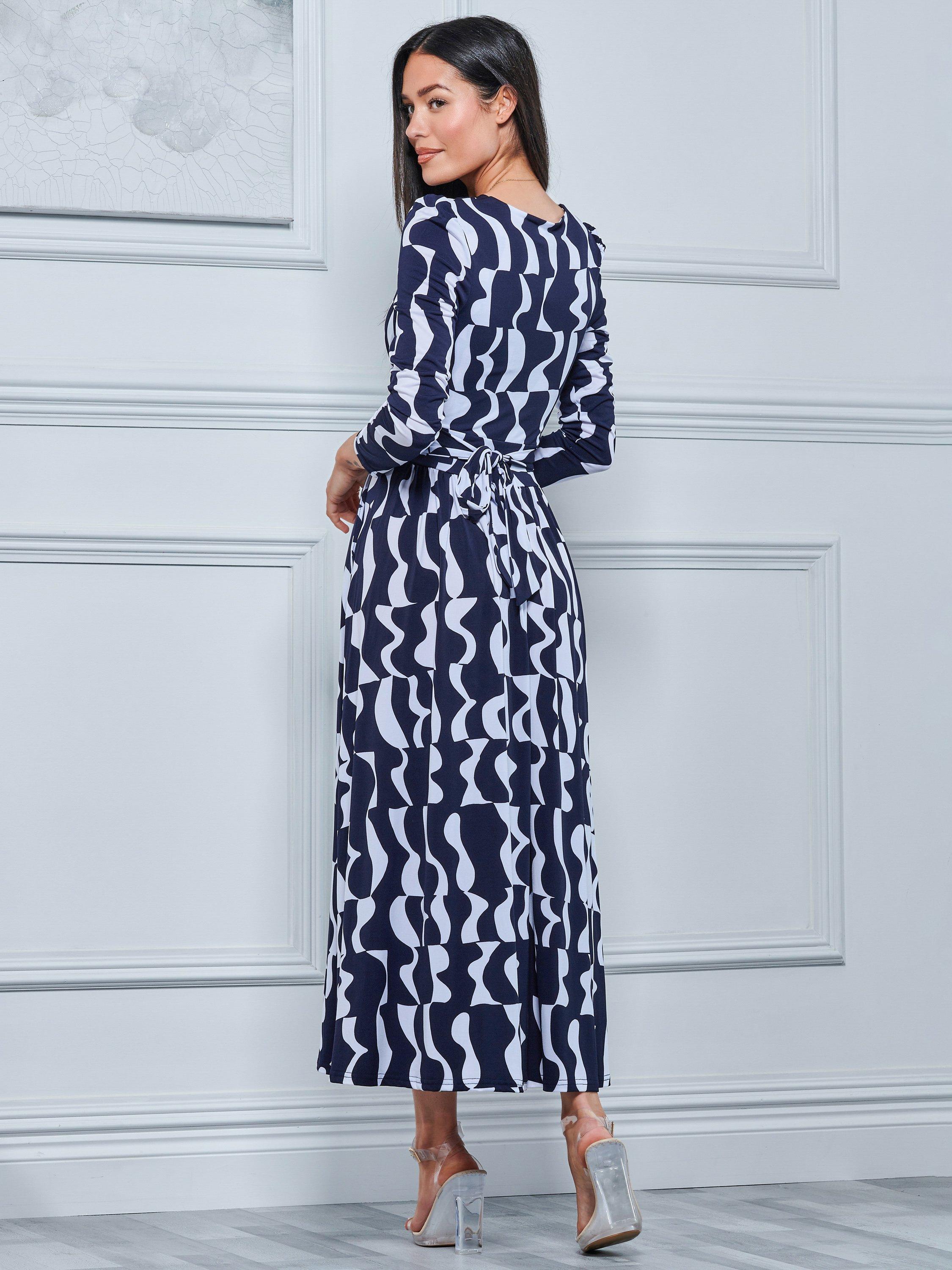 Jolie Moi Geometric Print Long Sleeve Maxi Dress, Navy, 16
