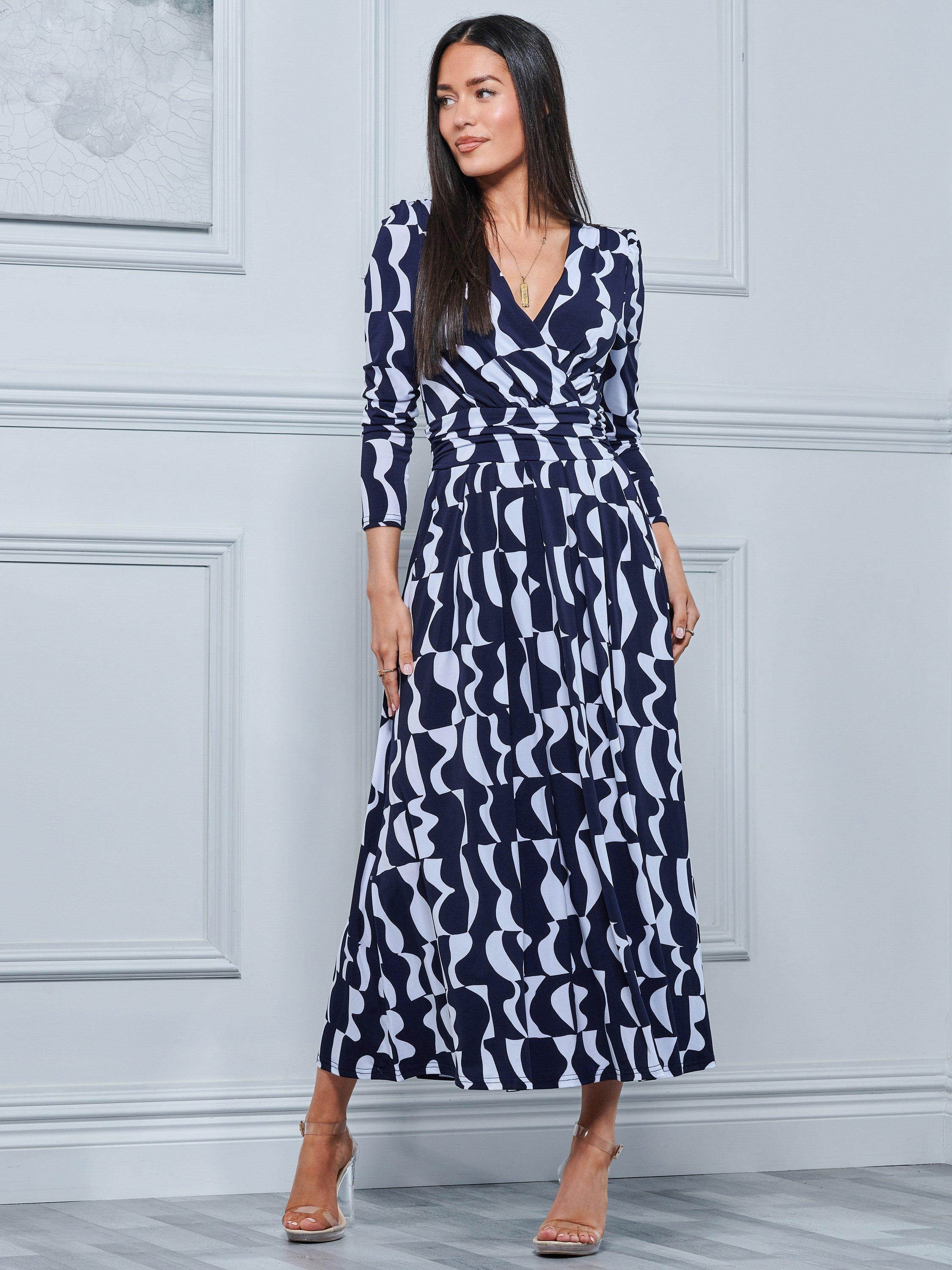 Jolie Moi Geometric Print Long Sleeve Maxi Dress, Navy, 16