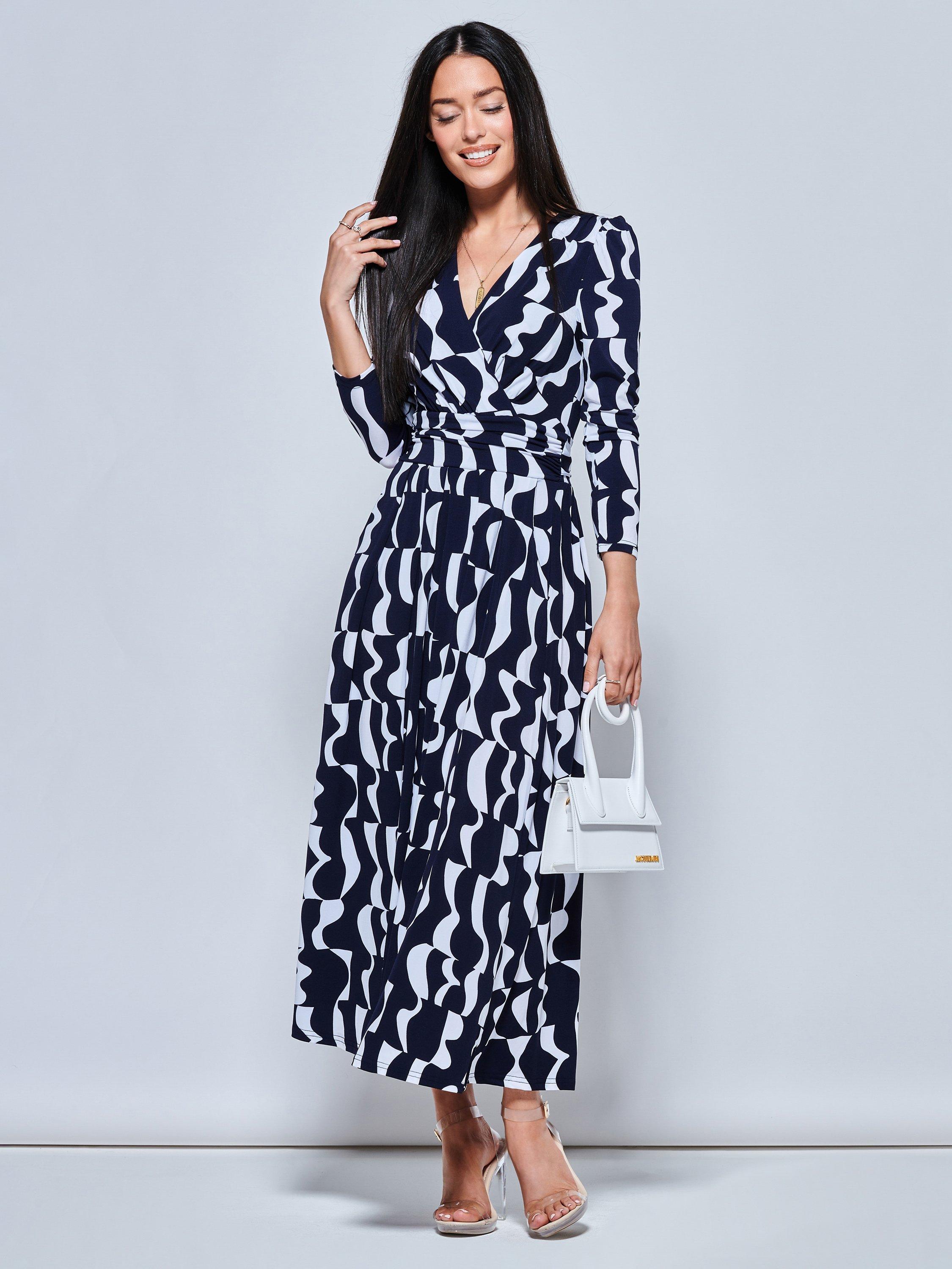 Jolie Moi Geometric Print Long Sleeve Maxi Dress, Navy, 16