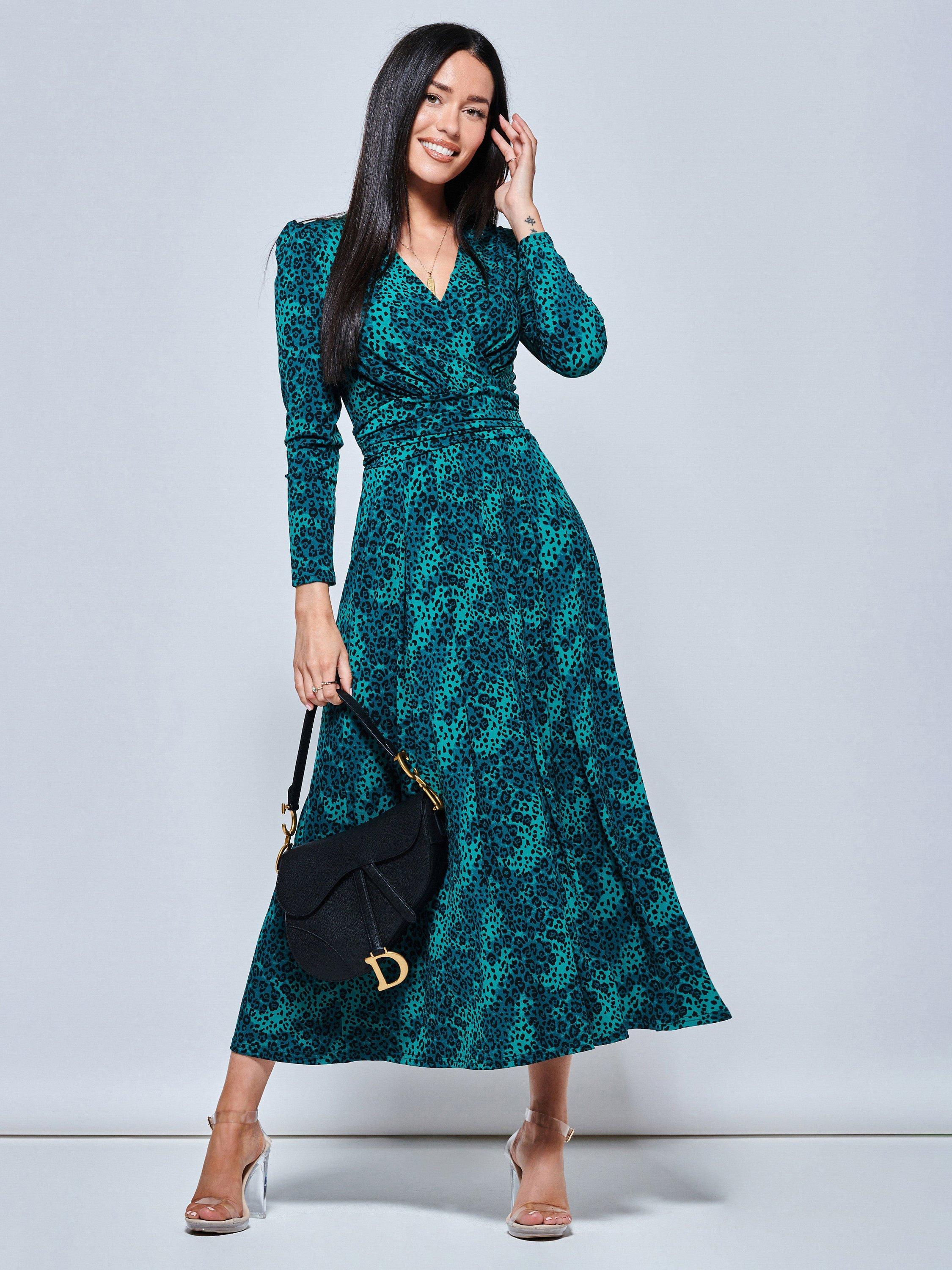 Jolie Moi Animal Print Long Sleeve Maxi Dress, Green