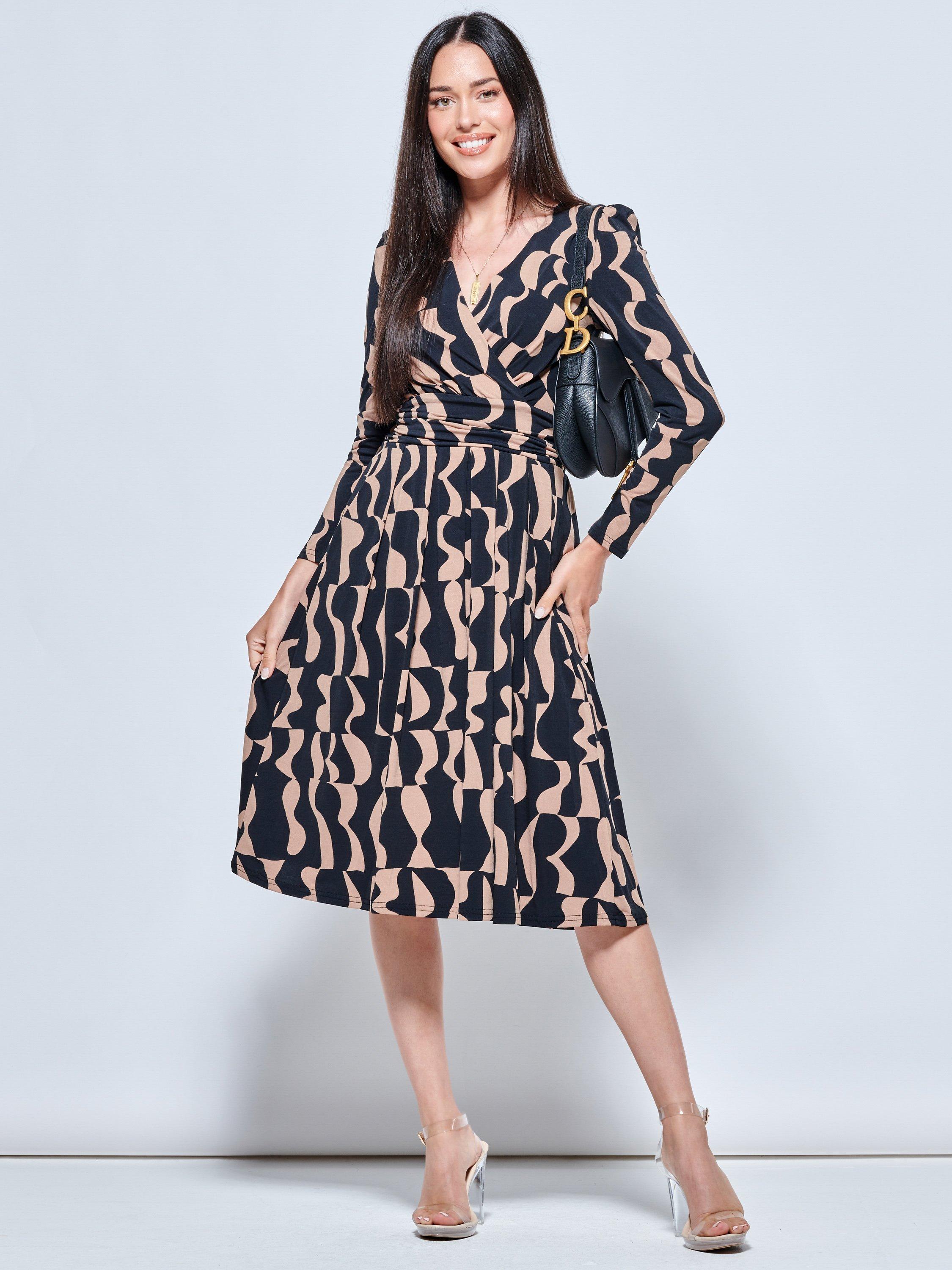 Jolie Moi Calla Long Sleeve Jersey Wrap Dress Brown Pattern