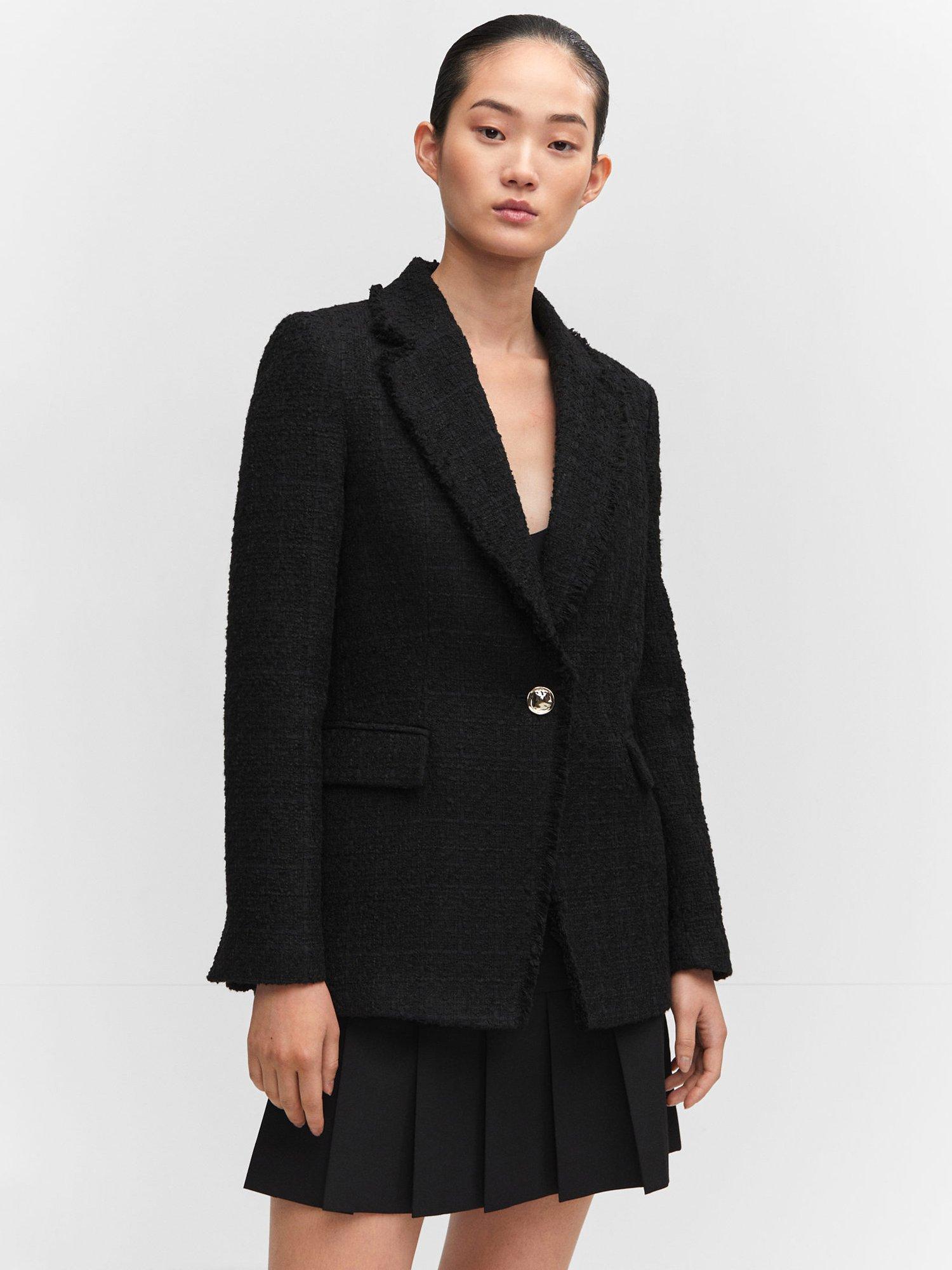 Mango Quintin Tweed Frayed Detail Blazer, Black