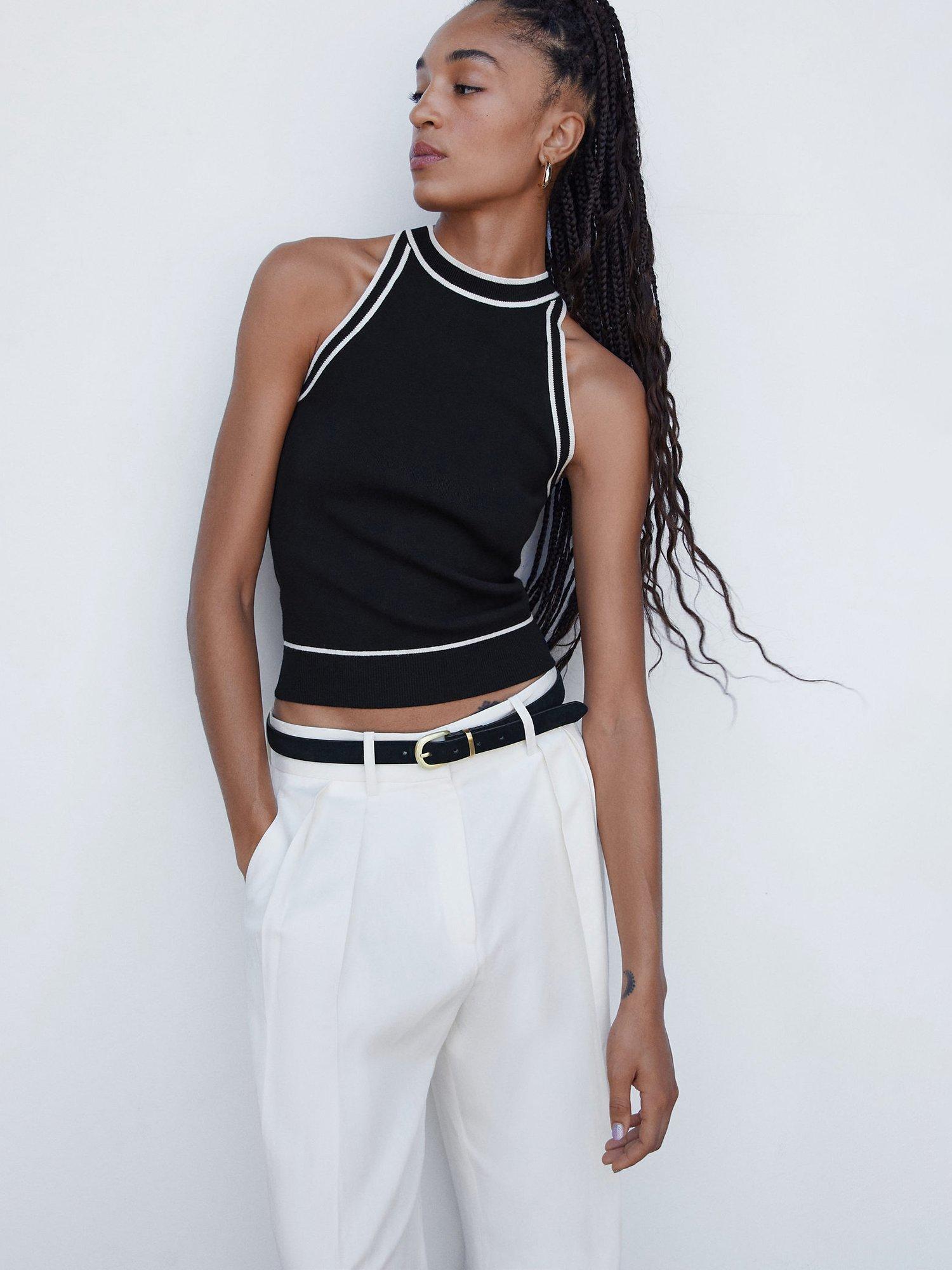 Mango Slim Fit Pipping Top, Black