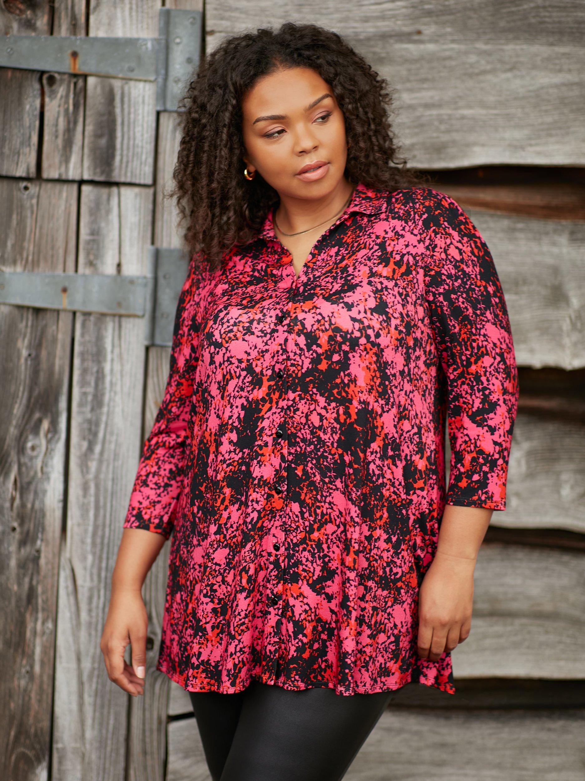 Live Unlimited Curve Floral Print Jersey 3/4 Sleeve Shirt, Pink/Multi