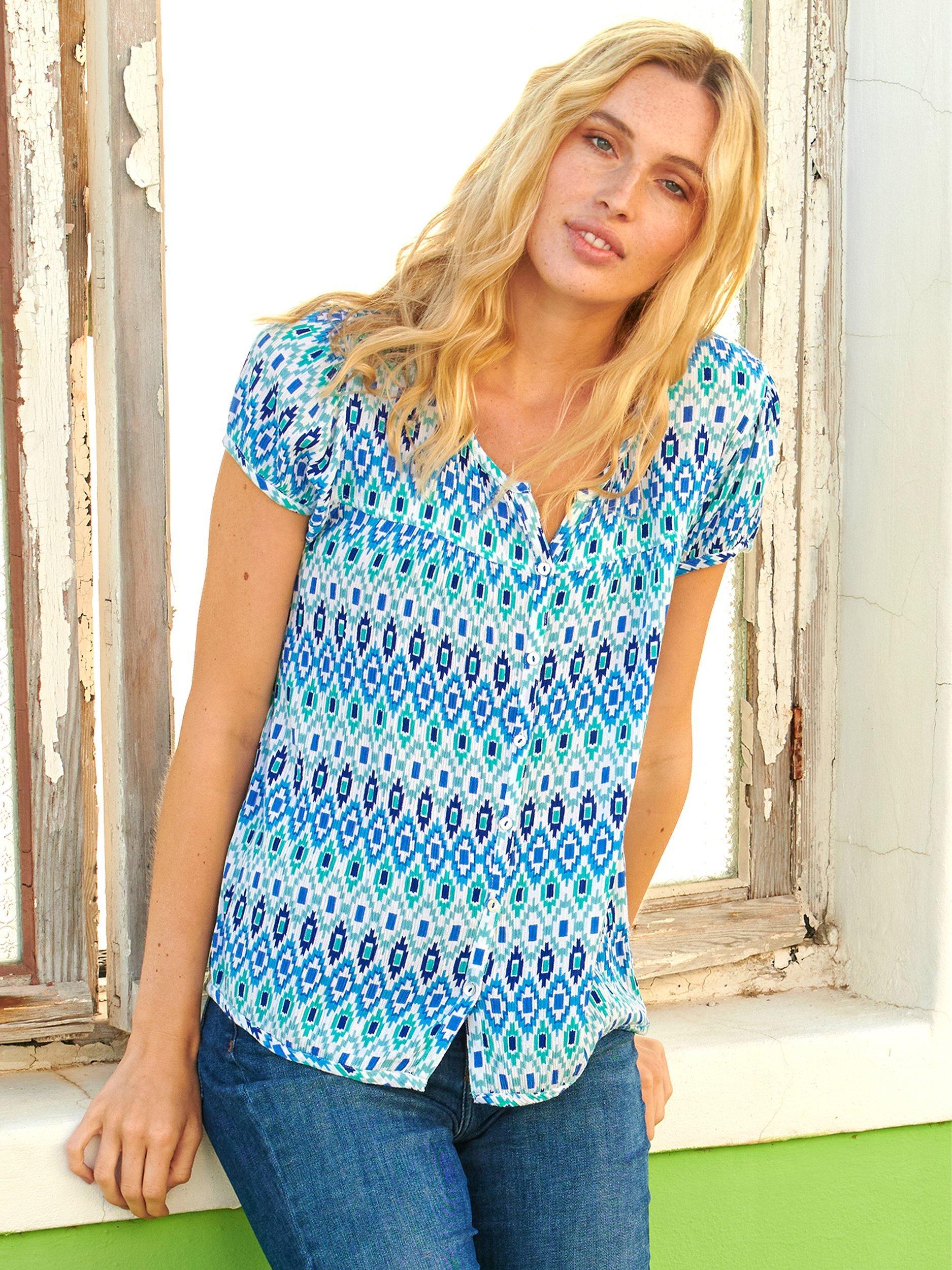 Product image 2 of 5, which shows Aspiga Lisbon Crinkle Fabric Short Sleeve Blouse, Aztec Turquoise, XS