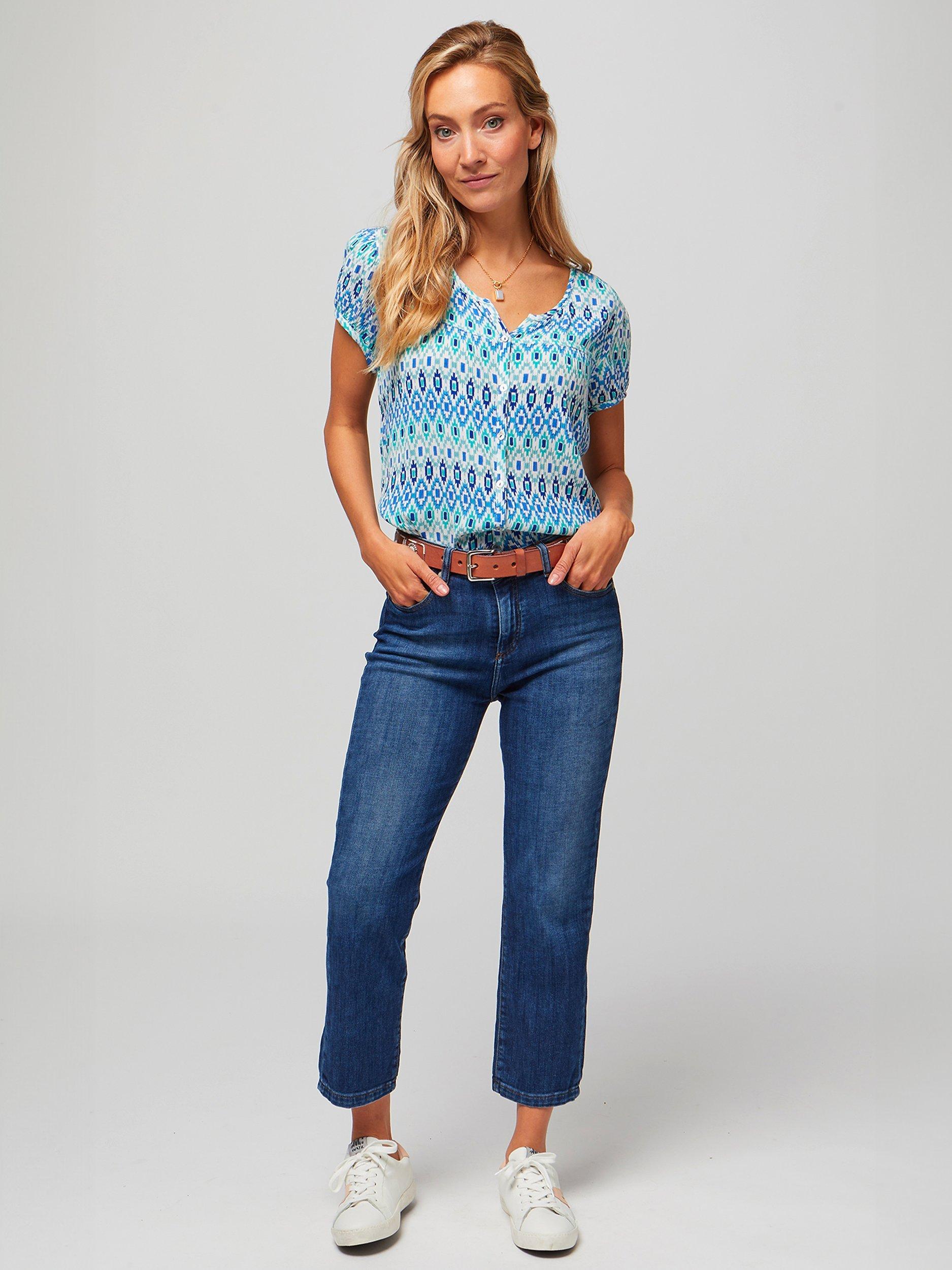 Product image 5 of 5, which shows Aspiga Lisbon Crinkle Fabric Short Sleeve Blouse, Aztec Turquoise, XS
