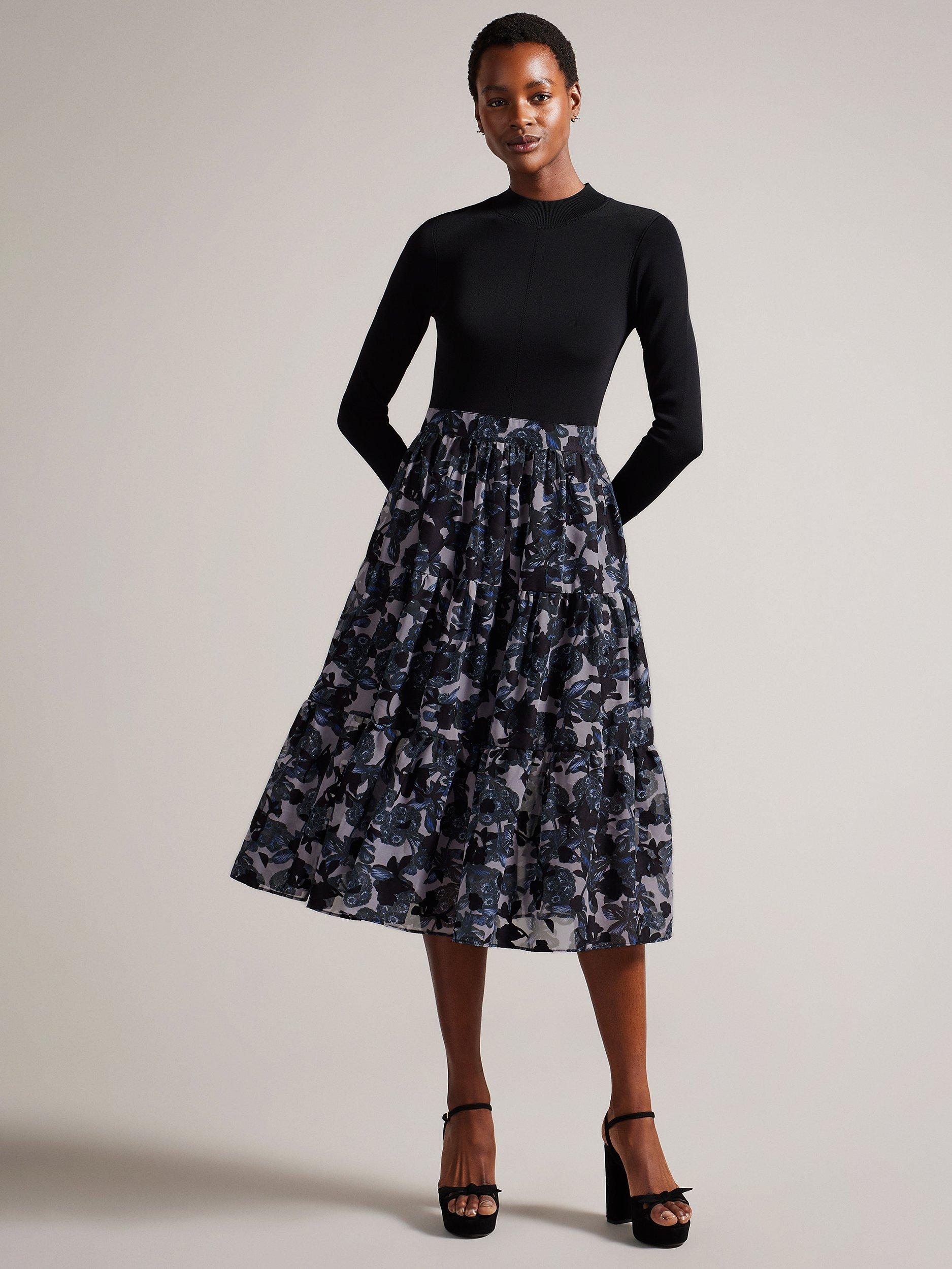 Ted Baker Jacyke Knit Bodice Tiered Skirt Midi Dress, Black/Multi