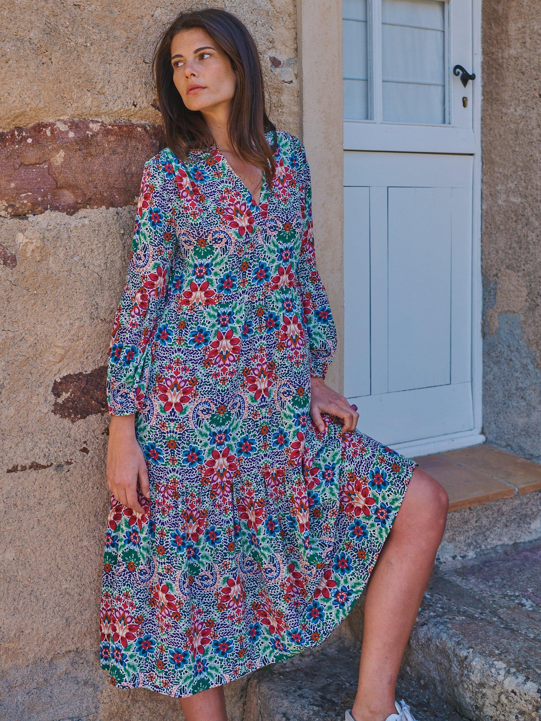 Product image 1 of 7, which shows NRBY Genevieve Ikat Print Cotton Blend Midi Dress, Multi, XS