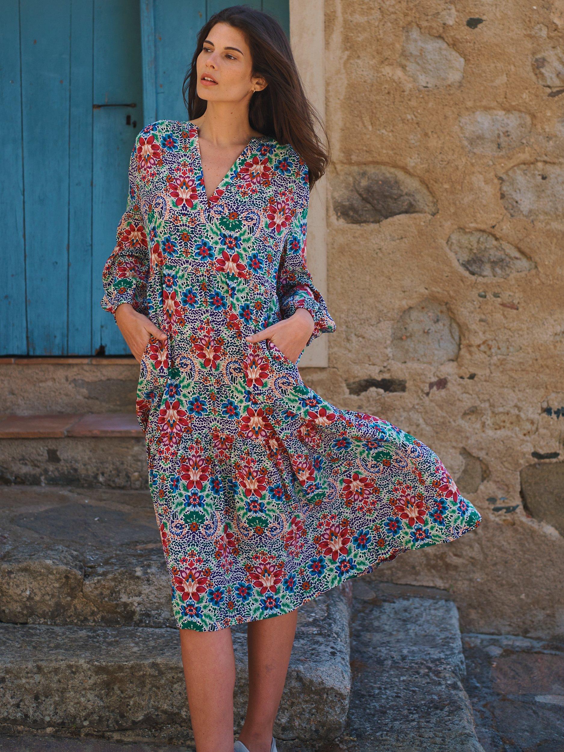 Product image 3 of 7, which shows NRBY Genevieve Ikat Print Cotton Blend Midi Dress, Multi, XS