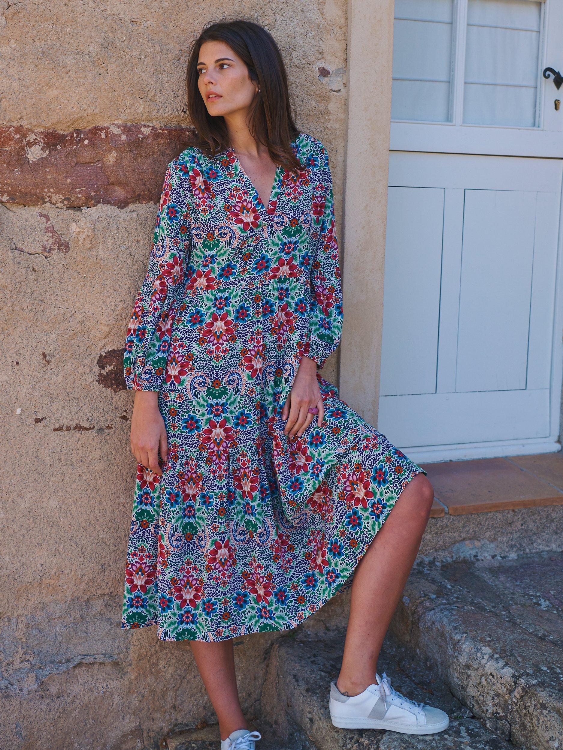 Product image 5 of 7, which shows NRBY Genevieve Ikat Print Cotton Blend Midi Dress, Multi, XS