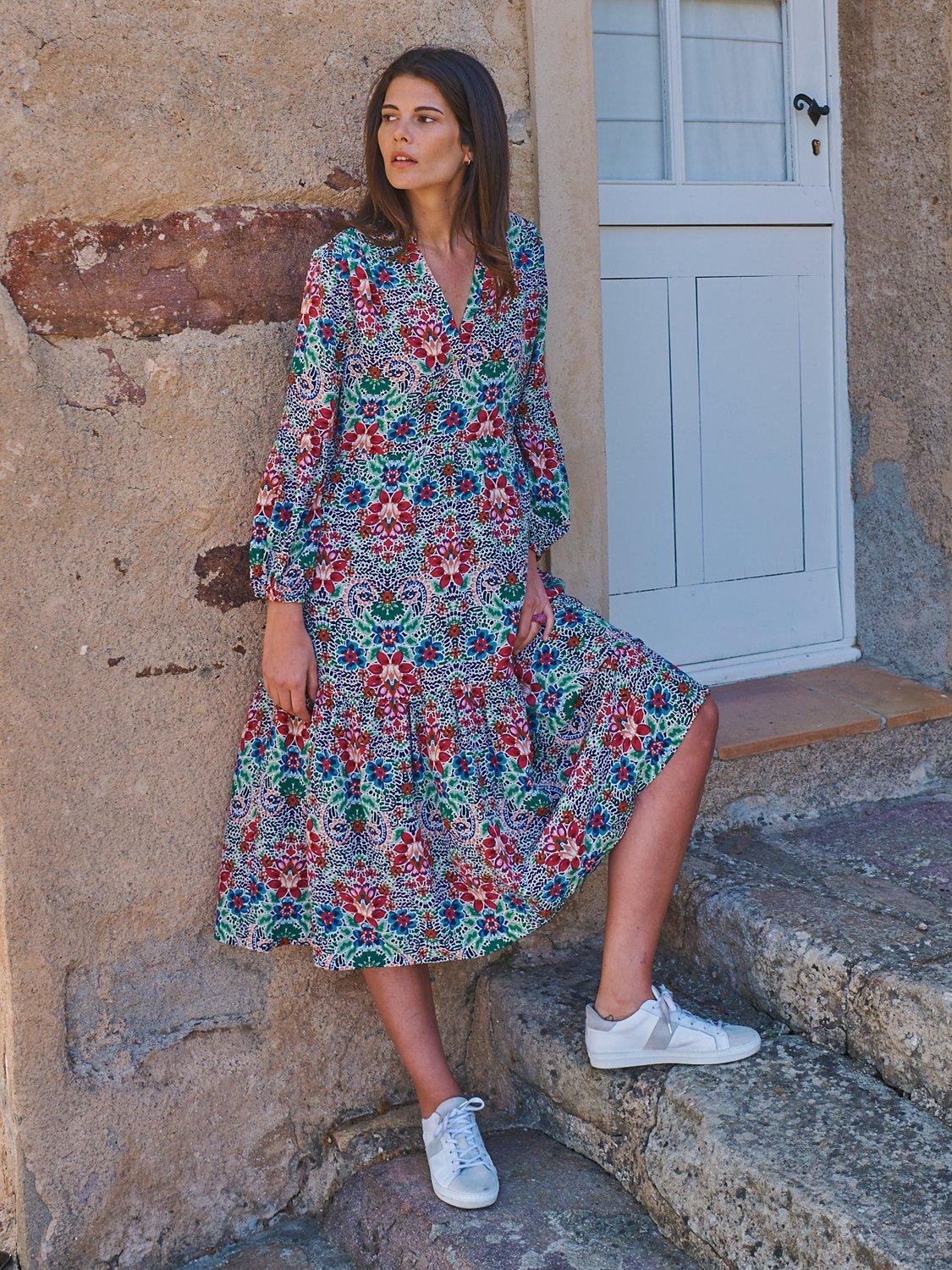 Product image 6 of 7, which shows NRBY Genevieve Ikat Print Cotton Blend Midi Dress, Multi, XS