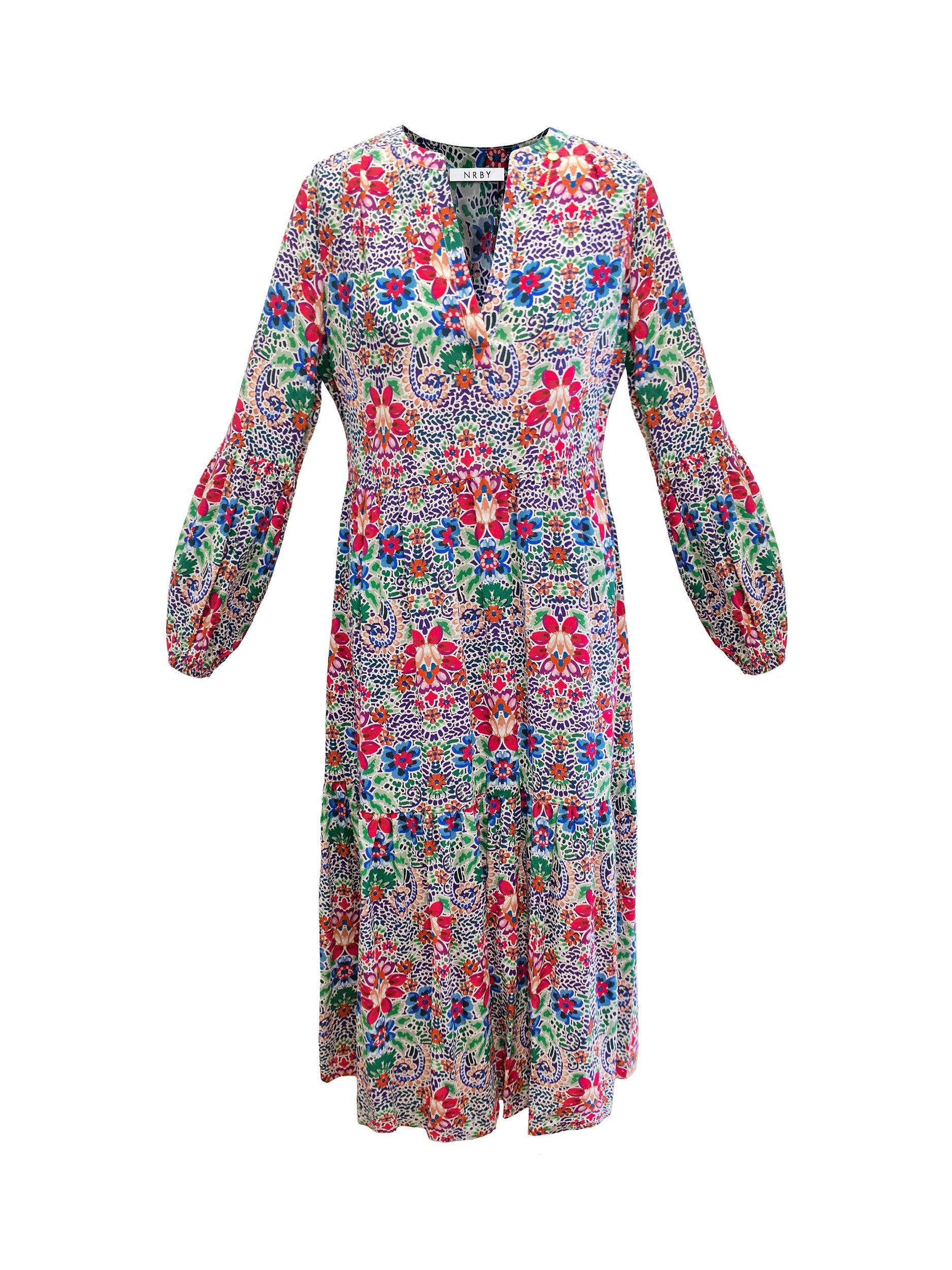Product image 7 of 7, which shows NRBY Genevieve Ikat Print Cotton Blend Midi Dress, Multi, XS