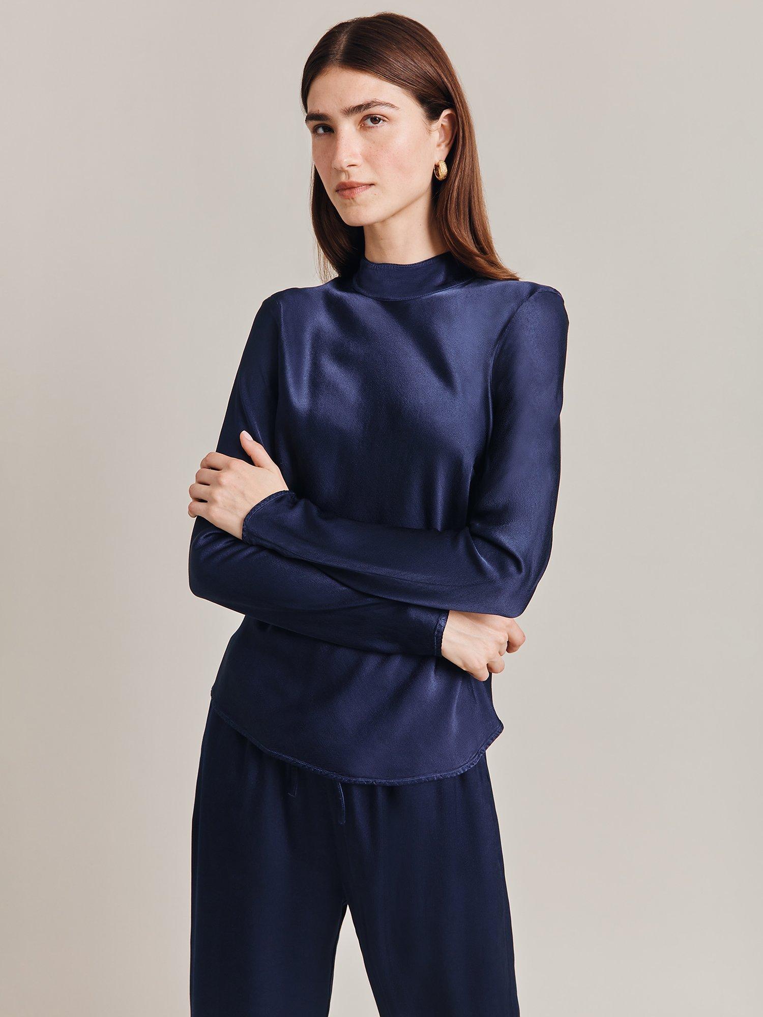 Ghost Mika Satin Turtleneck Top, Navy, XS