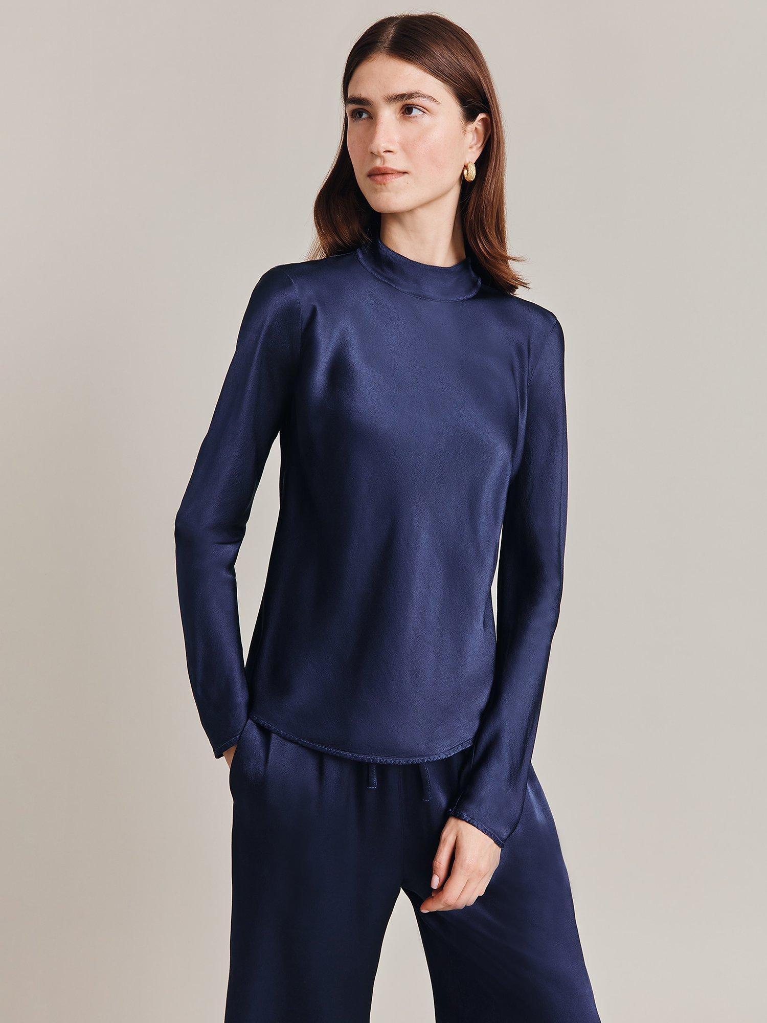 Ghost Mika Satin Turtleneck Top, Navy, XS