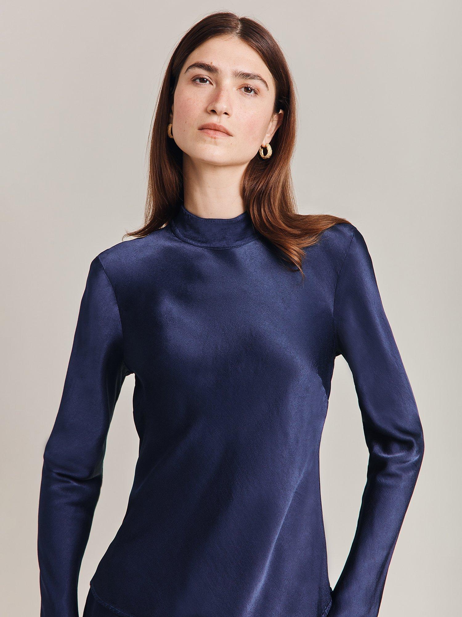 Ghost Mika Satin Turtleneck Top, Navy, XS