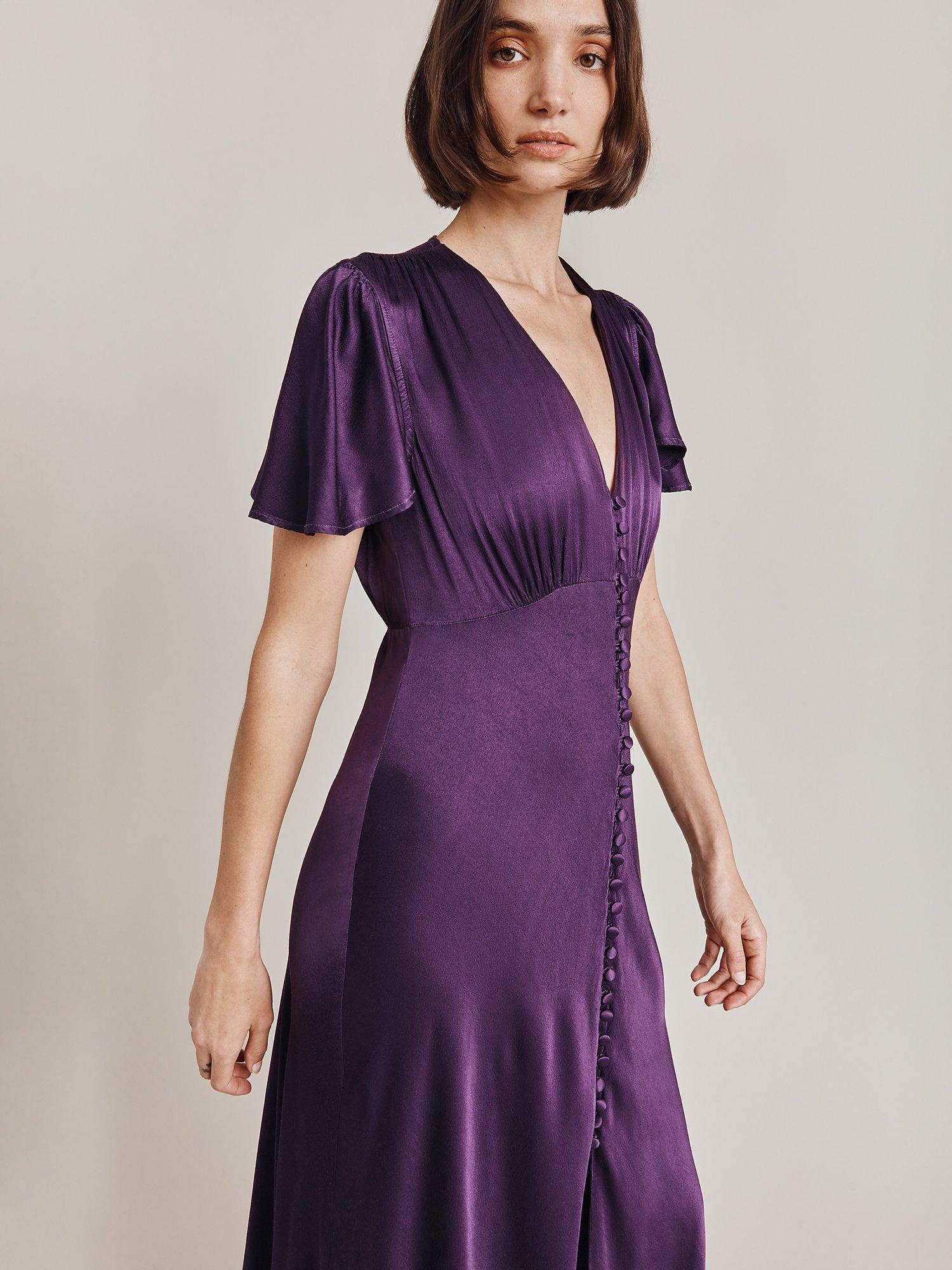 Product image 4 of 4, which shows Ghost Delphine Bias Cut Satin Maxi Dress, Blackberry, XS