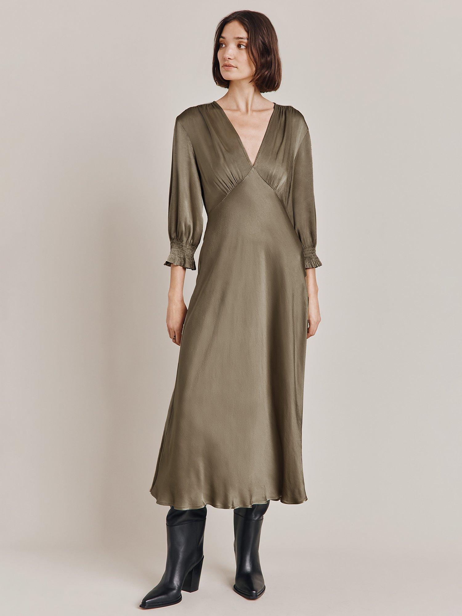 Ghost Elle Satin Midi Dress, Khaki