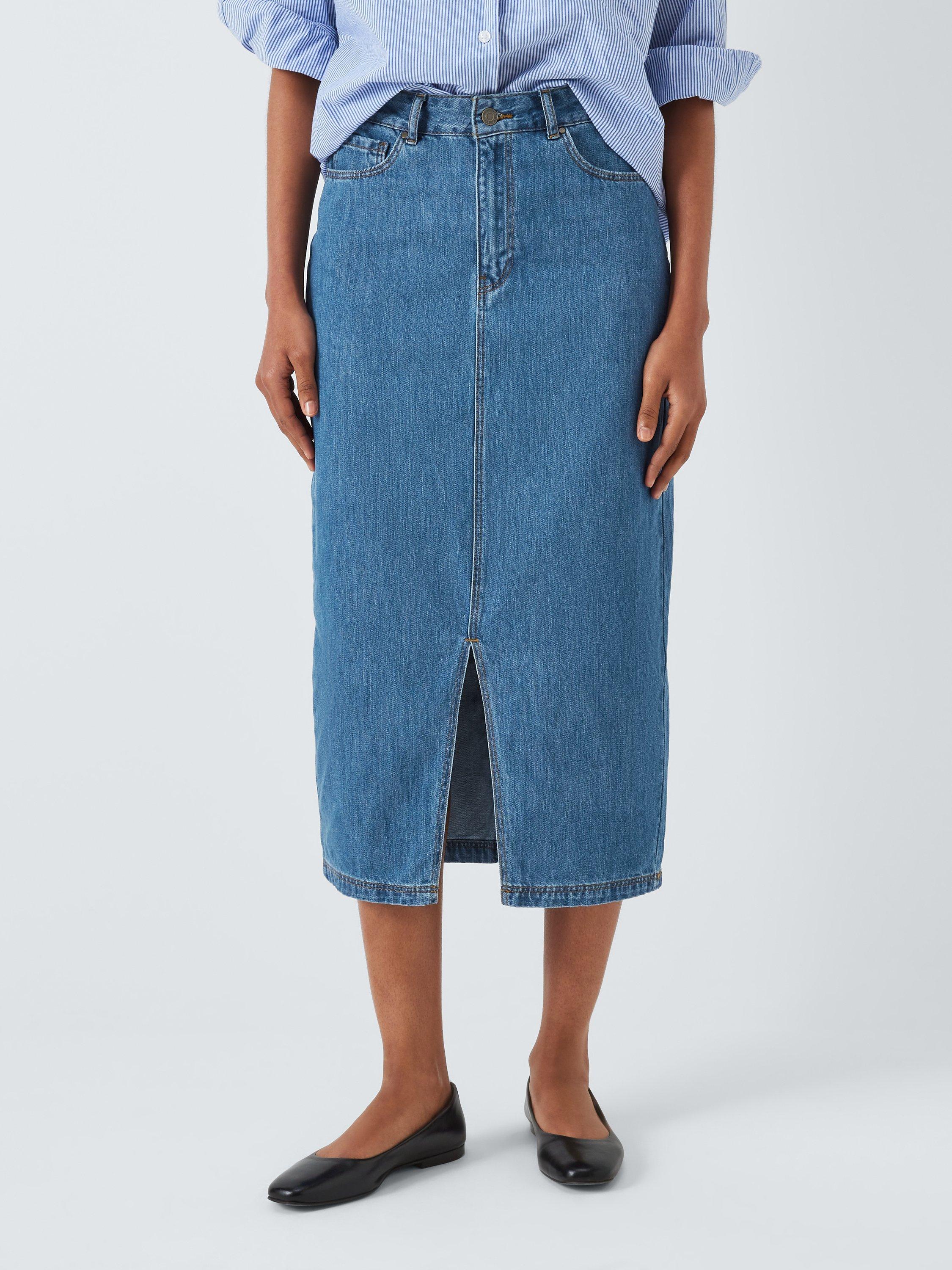 John Lewis ANYDAY Front Slit Denim Midi Skirt Mid Wash