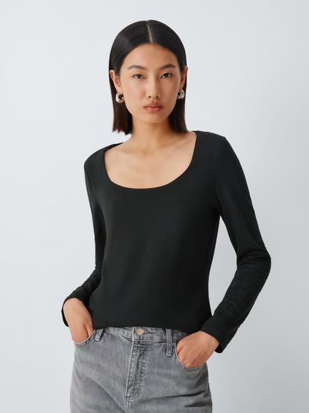 John Lewis Scoop Neck Cotton Rich Top, Black