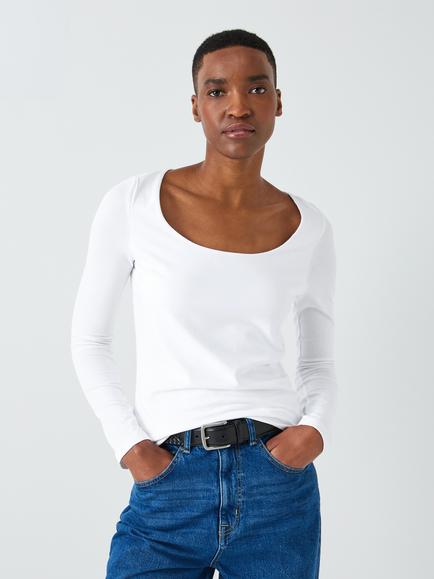 John Lewis Scoop Neck Cotton Rich Top, White