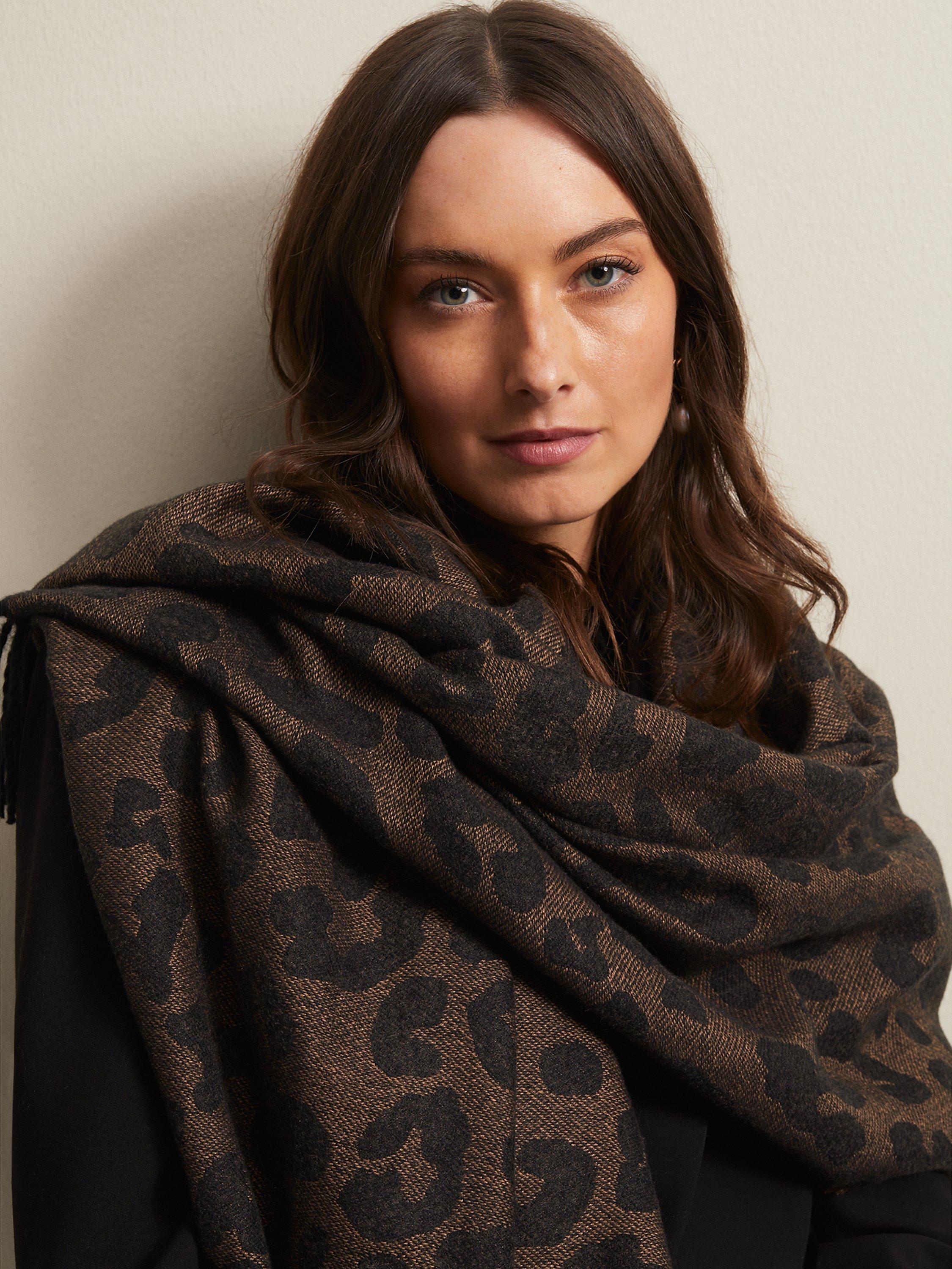 Product image 2 of 5, which shows Phase Eight Leopard Print Scarf, Black/Brown, One Size