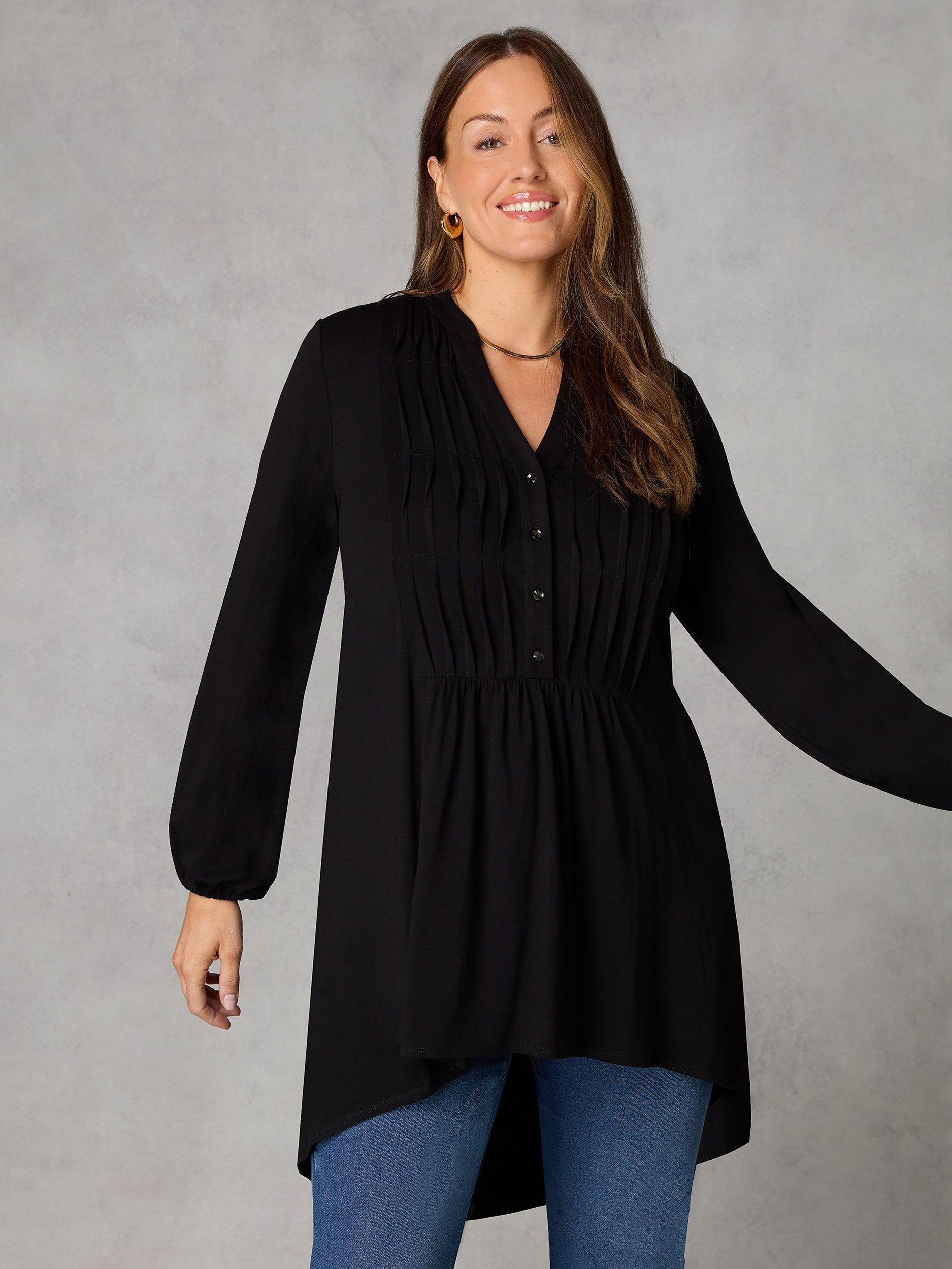 Live Unlimited Curve Petite Pintuck Yoke Jersey Tunic Top, Black