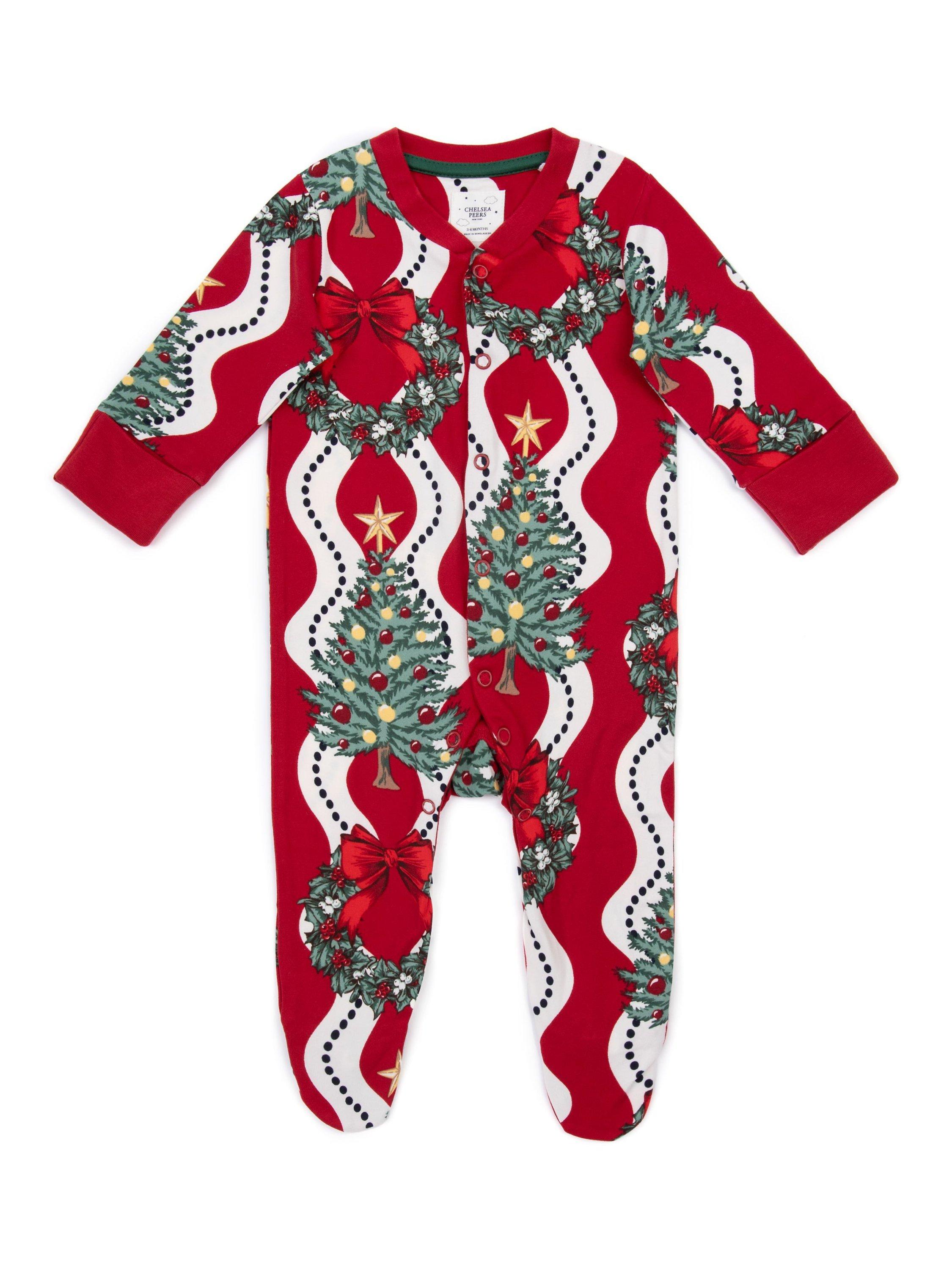 Chelsea Peers Baby Wreath & Tree Stripe Print Sleepsuit, Red
