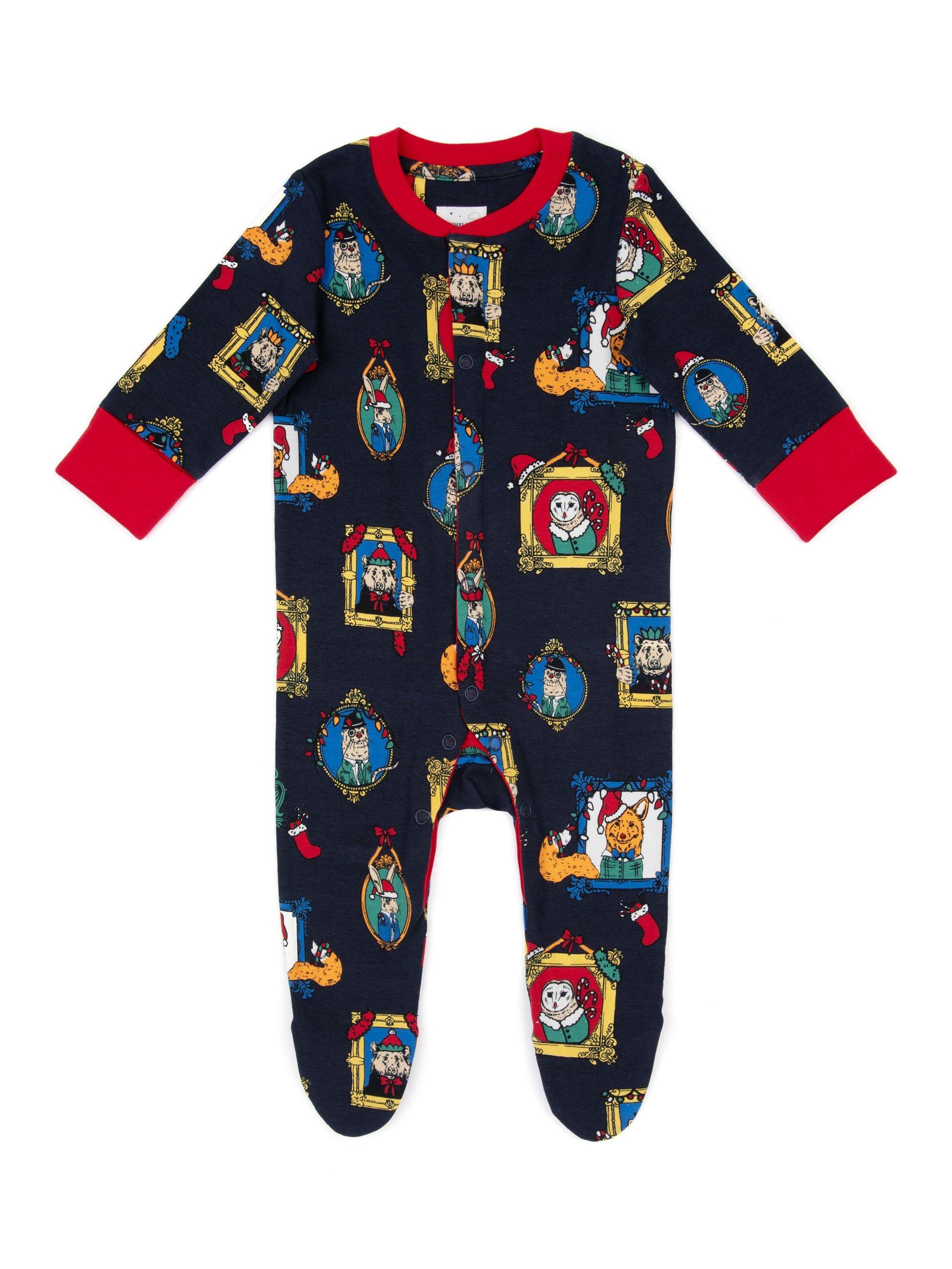 Product image 1 of 4, which shows Chelsea Peers Baby Organic Cotton Blend Festive Frames Print Sleepsuit, Navy/Multi, 6-12 months