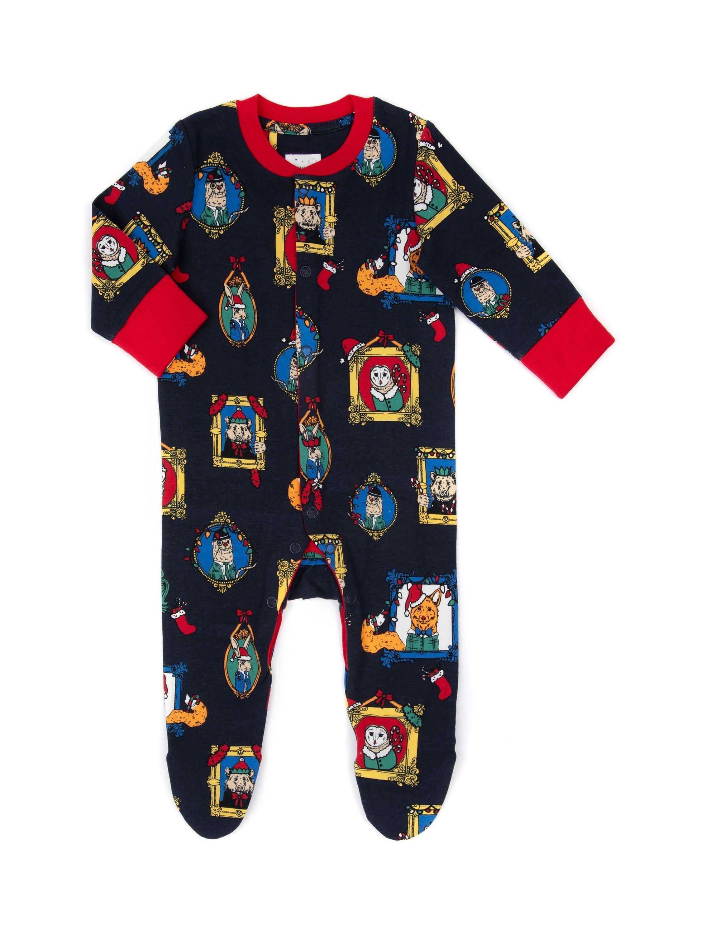 Product image 3 of 4, which shows Chelsea Peers Baby Organic Cotton Blend Festive Frames Print Sleepsuit, Navy/Multi, 6-12 months