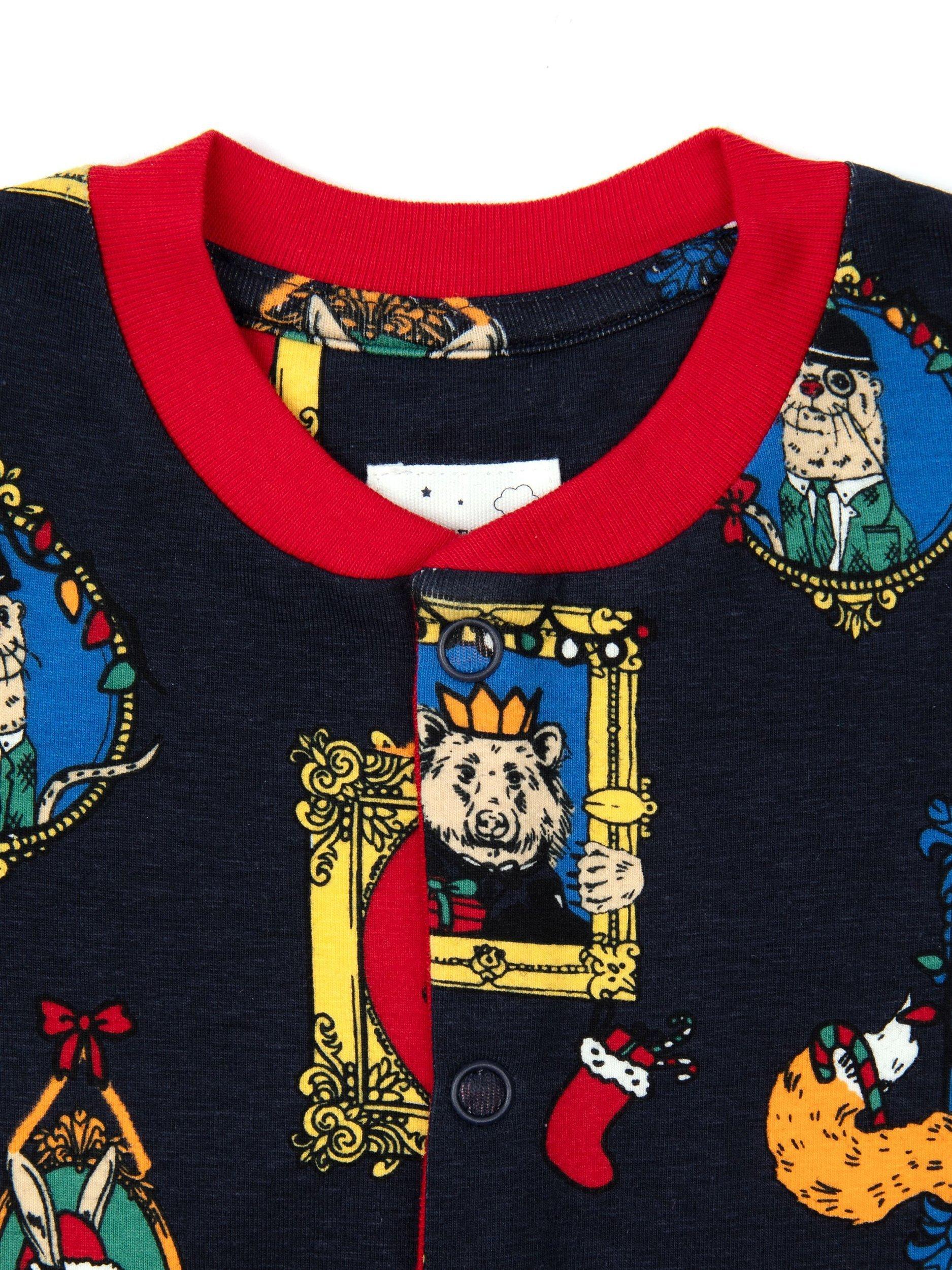 Product image 4 of 4, which shows Chelsea Peers Baby Organic Cotton Blend Festive Frames Print Sleepsuit, Navy/Multi, 6-12 months