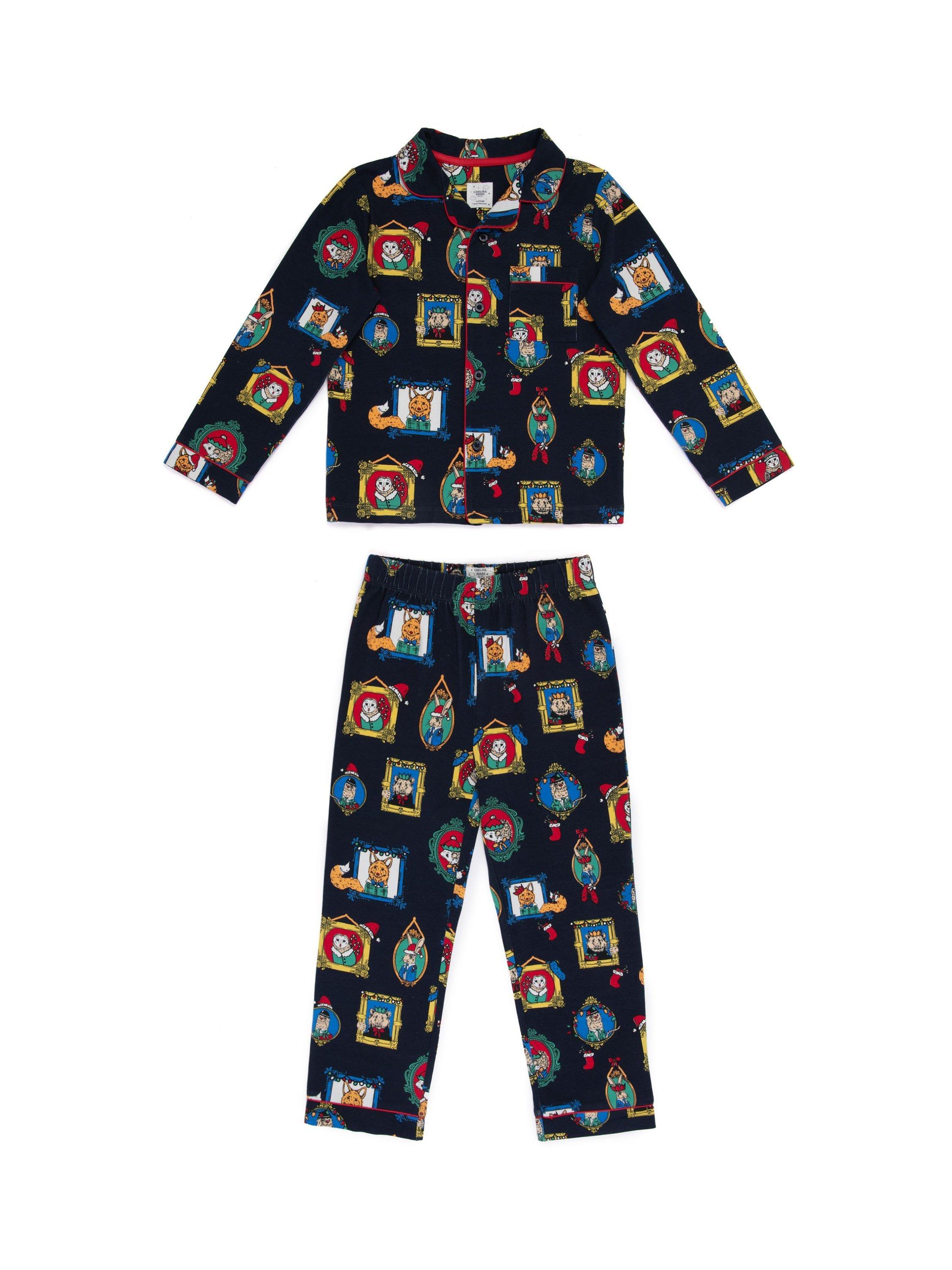 Chelsea Peers Kids' Organic Cotton Blend Festive Print Pyjama Set, Navy/Multi