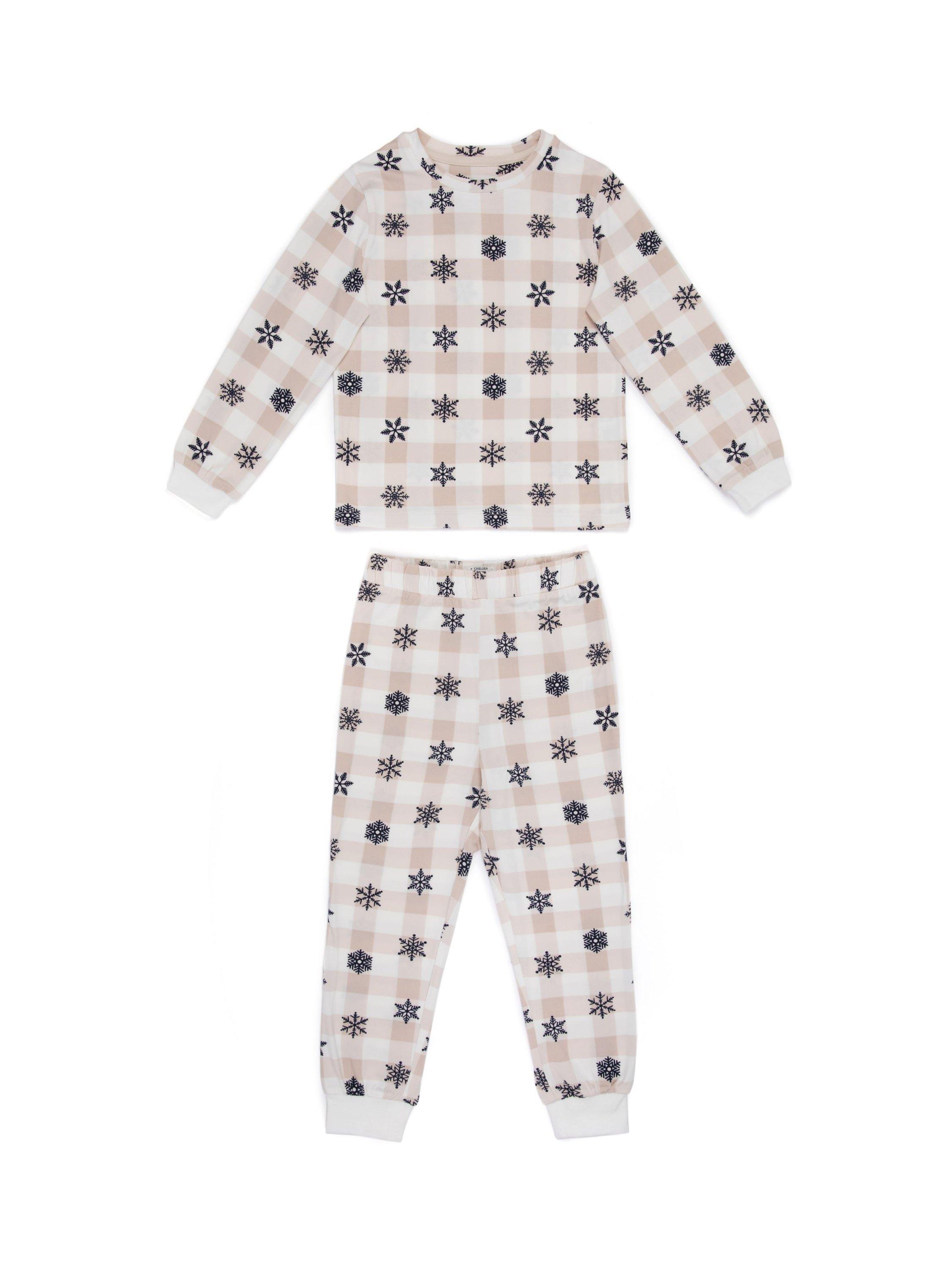 Chelsea Peers Kids' Gingham Snowflake Print Pyjama Set, Off White