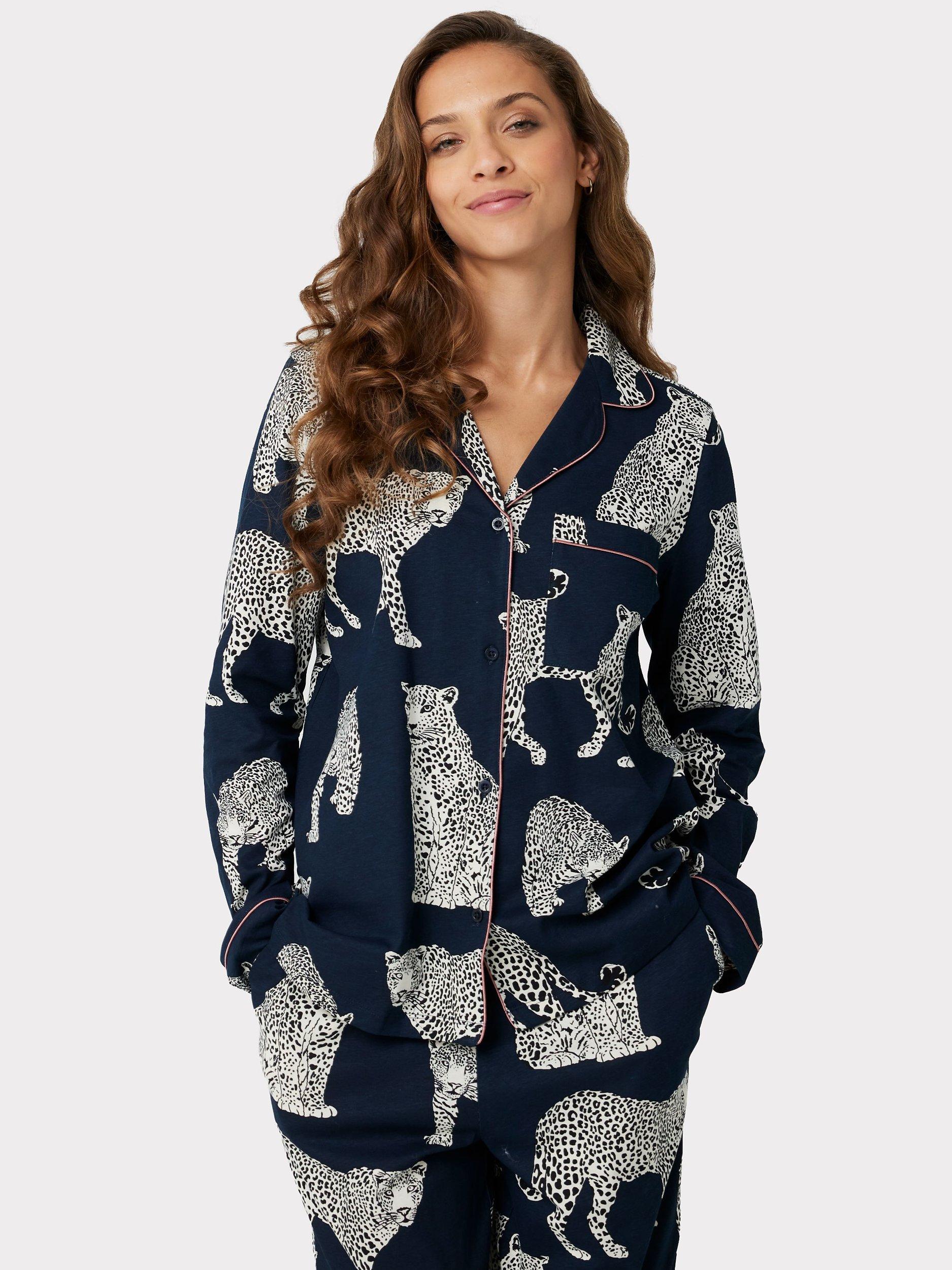 Chelsea Peers Organic Cotton Leopard Print Pyjama Set, Navy