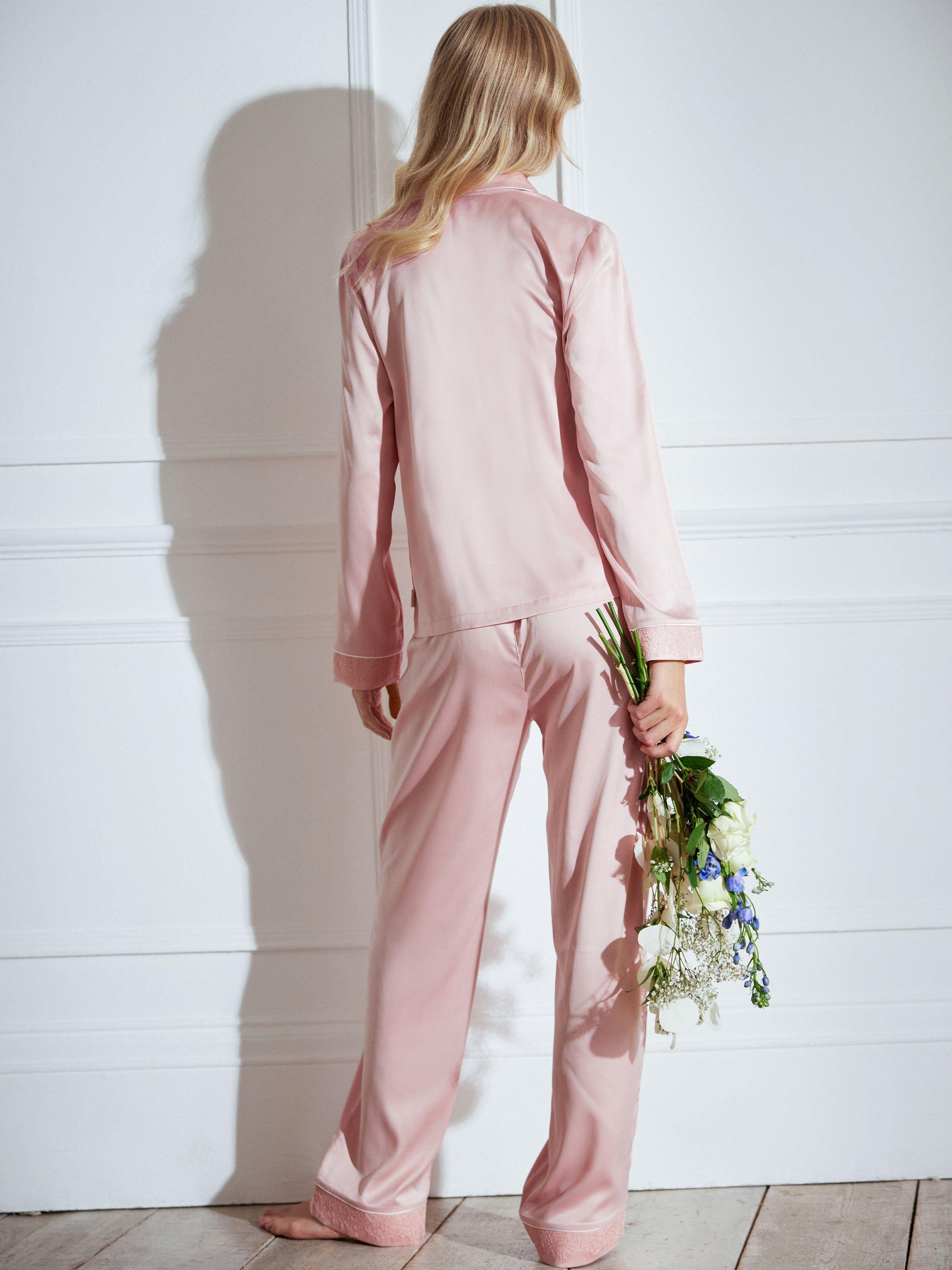 Product image 4 of 6, which shows Chelsea Peers Satin Bridal Lace Trim Pyjama Set, Pink, 6