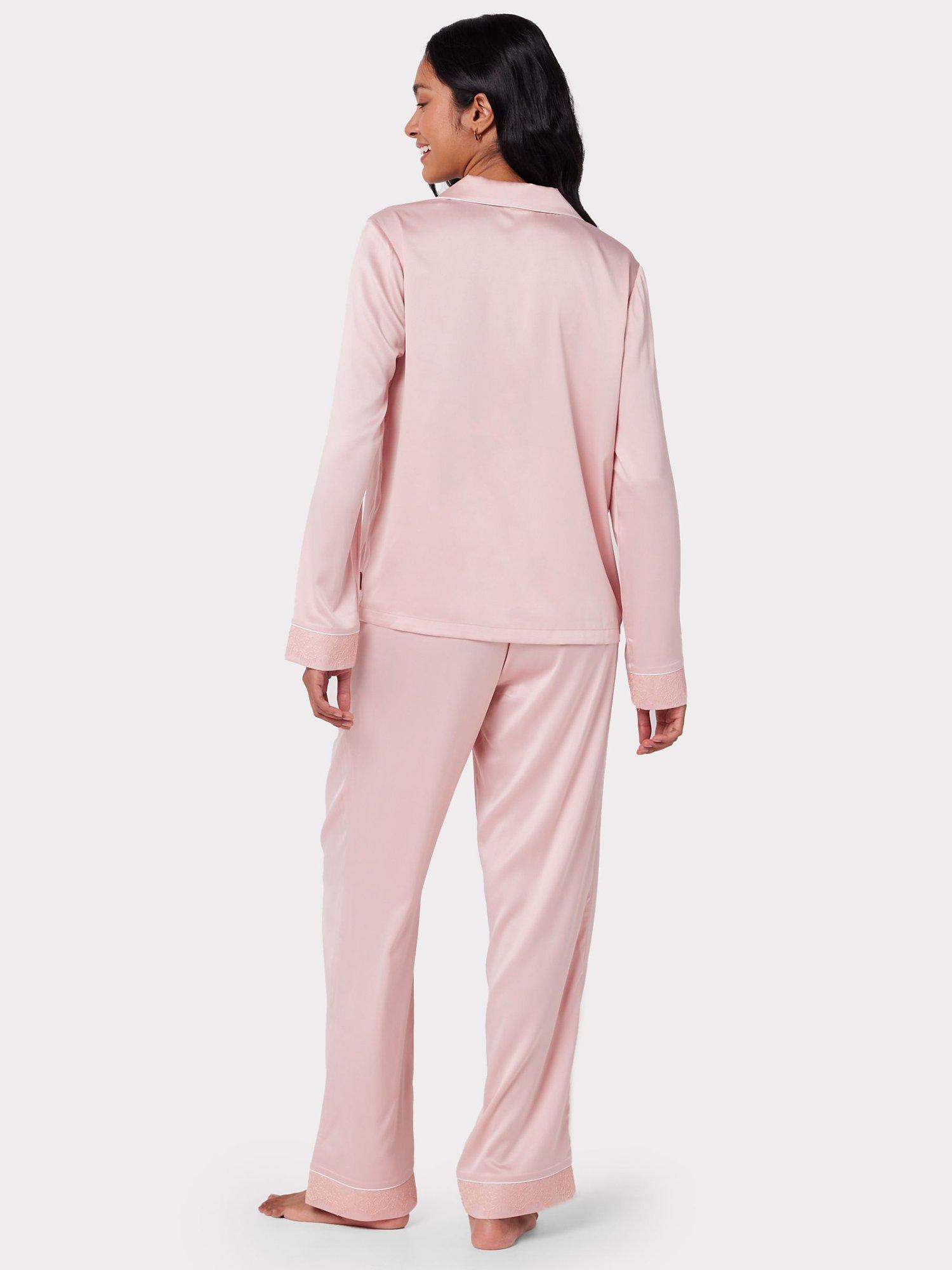 Product image 6 of 6, which shows Chelsea Peers Satin Bridal Lace Trim Pyjama Set, Pink, 6